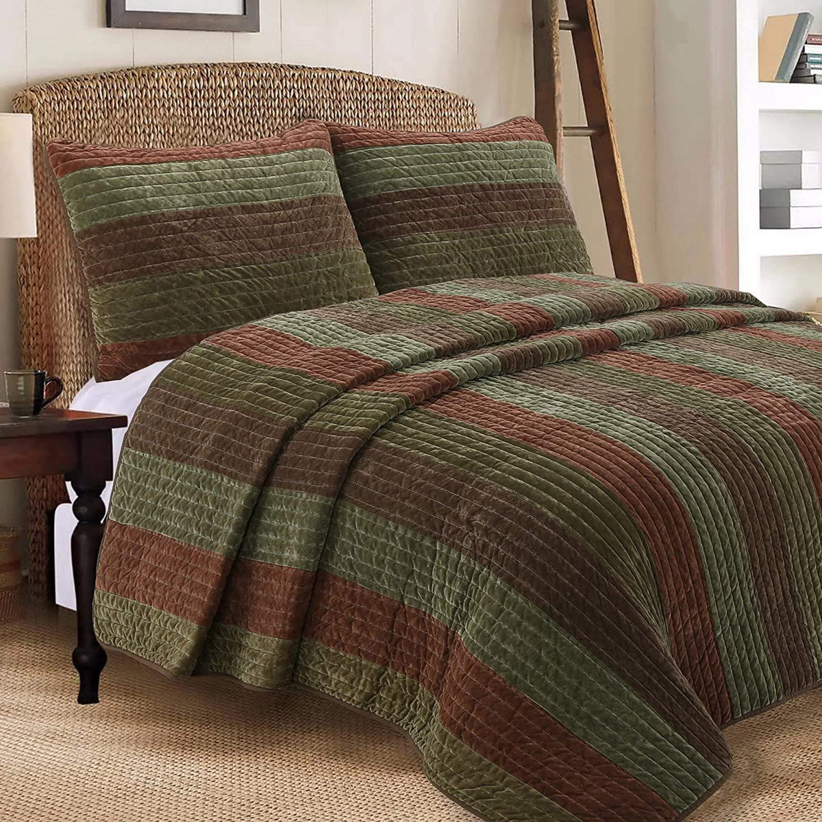 Cozy Line Home Fashions Rhett Dark Brown Sage Green Bold Striped Velvet Reversible Quilt Bedding Set, Coverlet, Bedspread Set (B