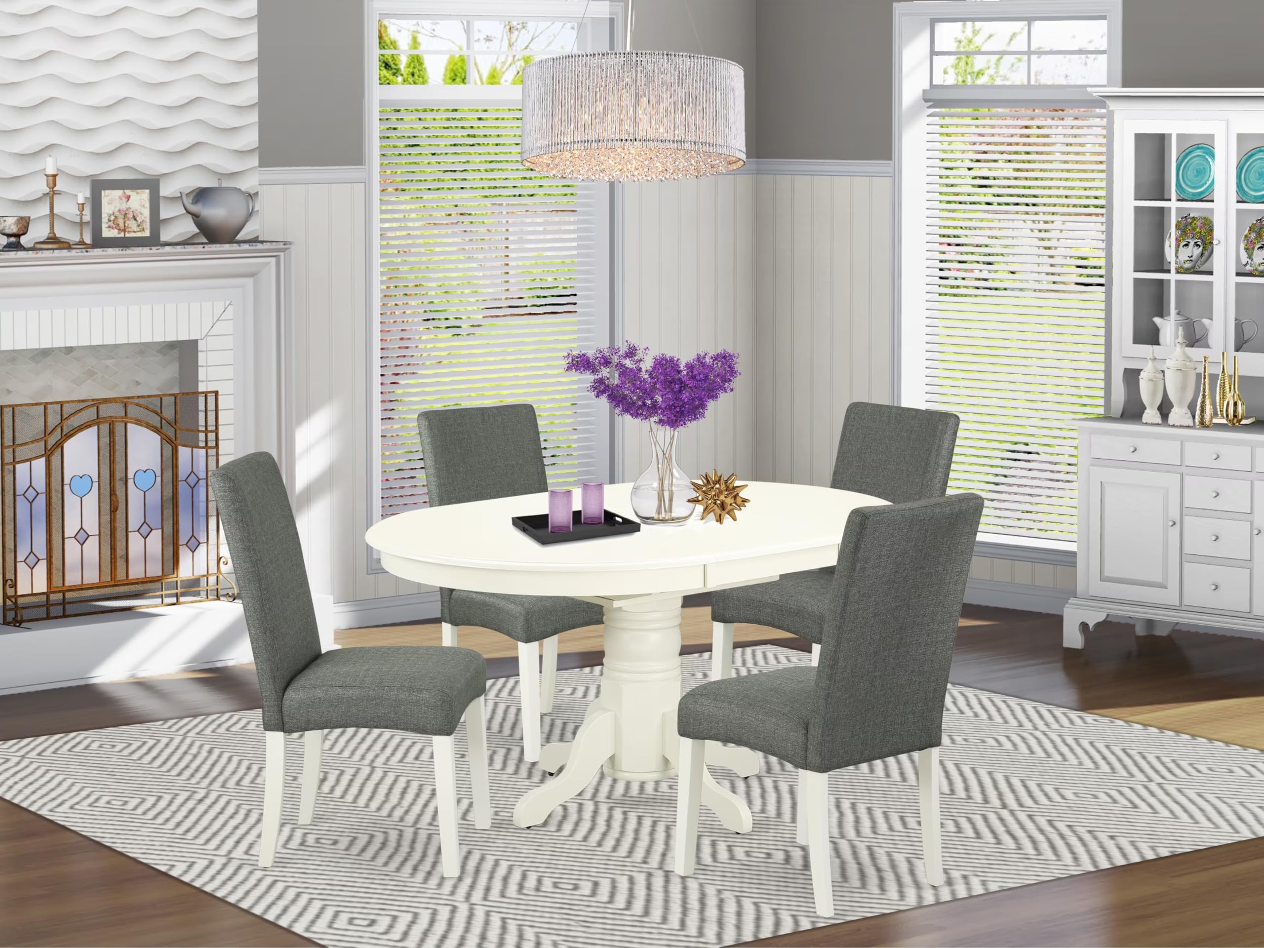East West Furniture Avdr5-Lwh-07 5 Piece Dinette Set For 4 Includes An Oval Dining Table With Butterfly Leaf And 4 Gray Linen Fabric Parson Dining Room Chairs, 42X60 Inch, Linen White