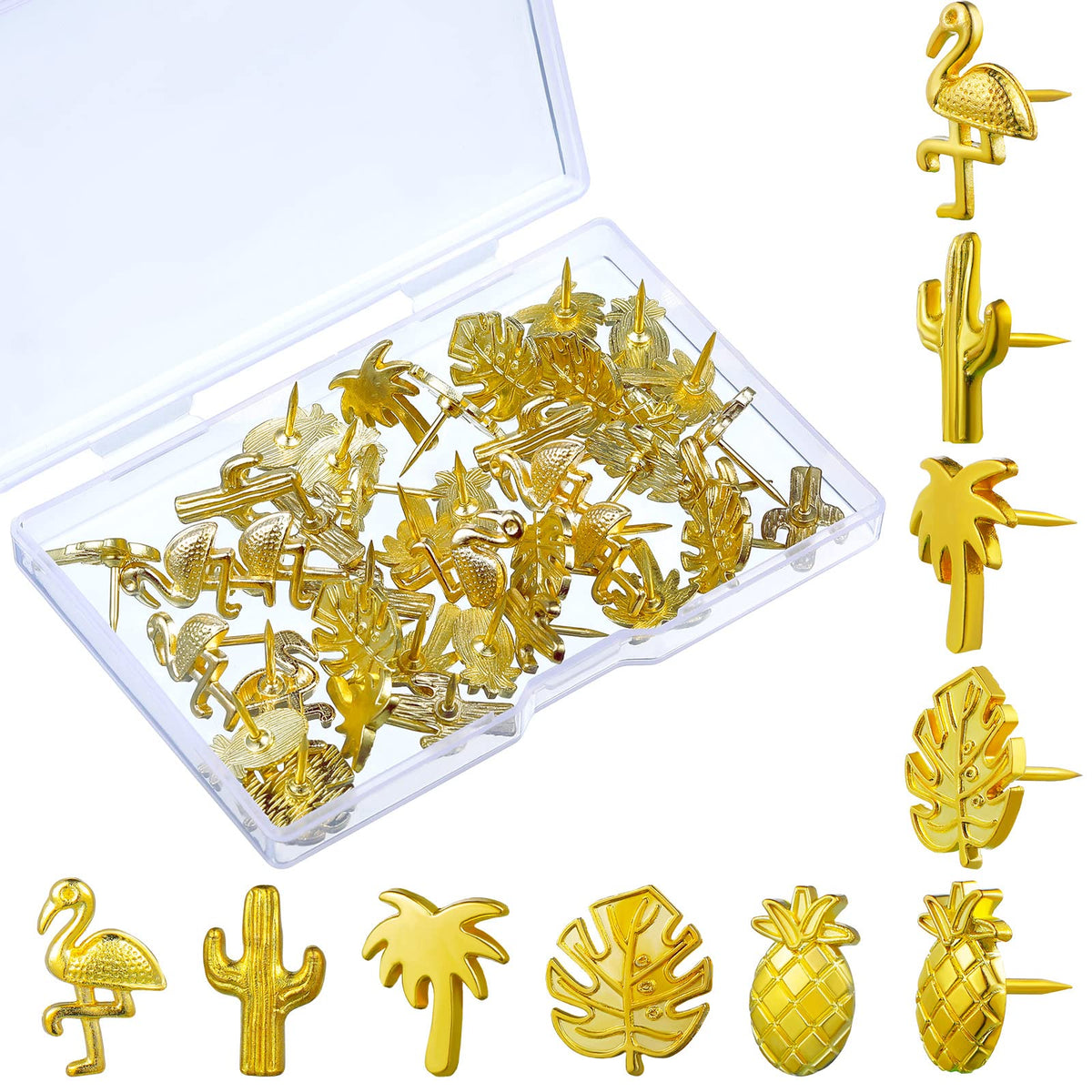 40 Pieces Gold Push Pins Cute Push Pins Tropical Office Supplies 5 Designs Decorative Thumb Tacks Cactus Palm Leaf Push Pins For