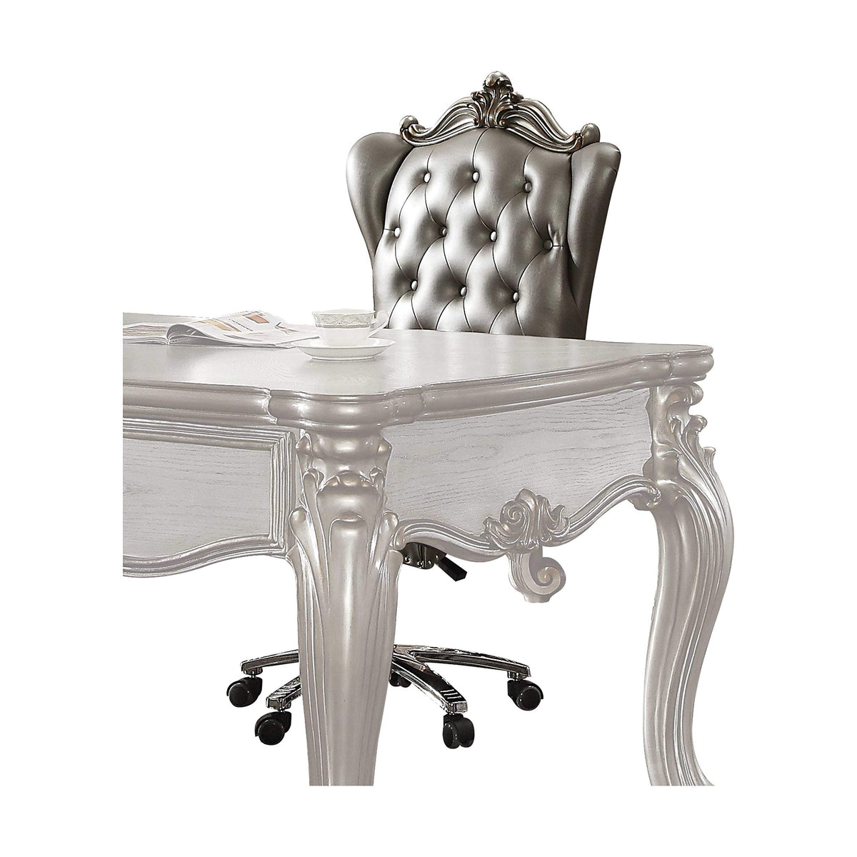 HomeRoots Upholstery, Poly Resin Executive Chair w/Swivel & Lift, Silver PU & Antique Platinum