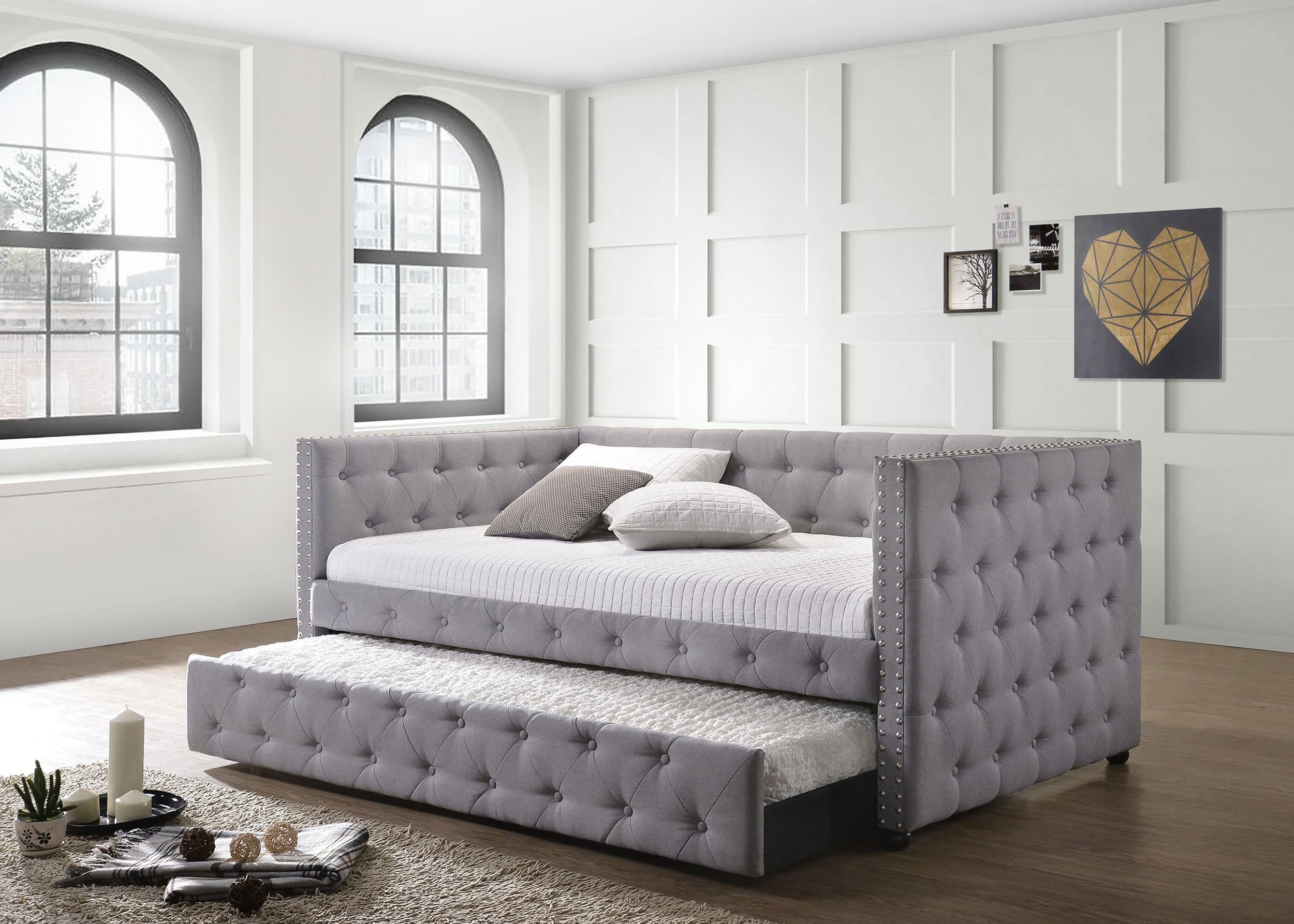 Coaster Home Furnishings Mockern Modern Classic Fabric Upholstered Twin Size Button Tufted Daybed with Trundle Bed for Guestroom 34-inch Headboard Bedroom Lounger Grey 302161