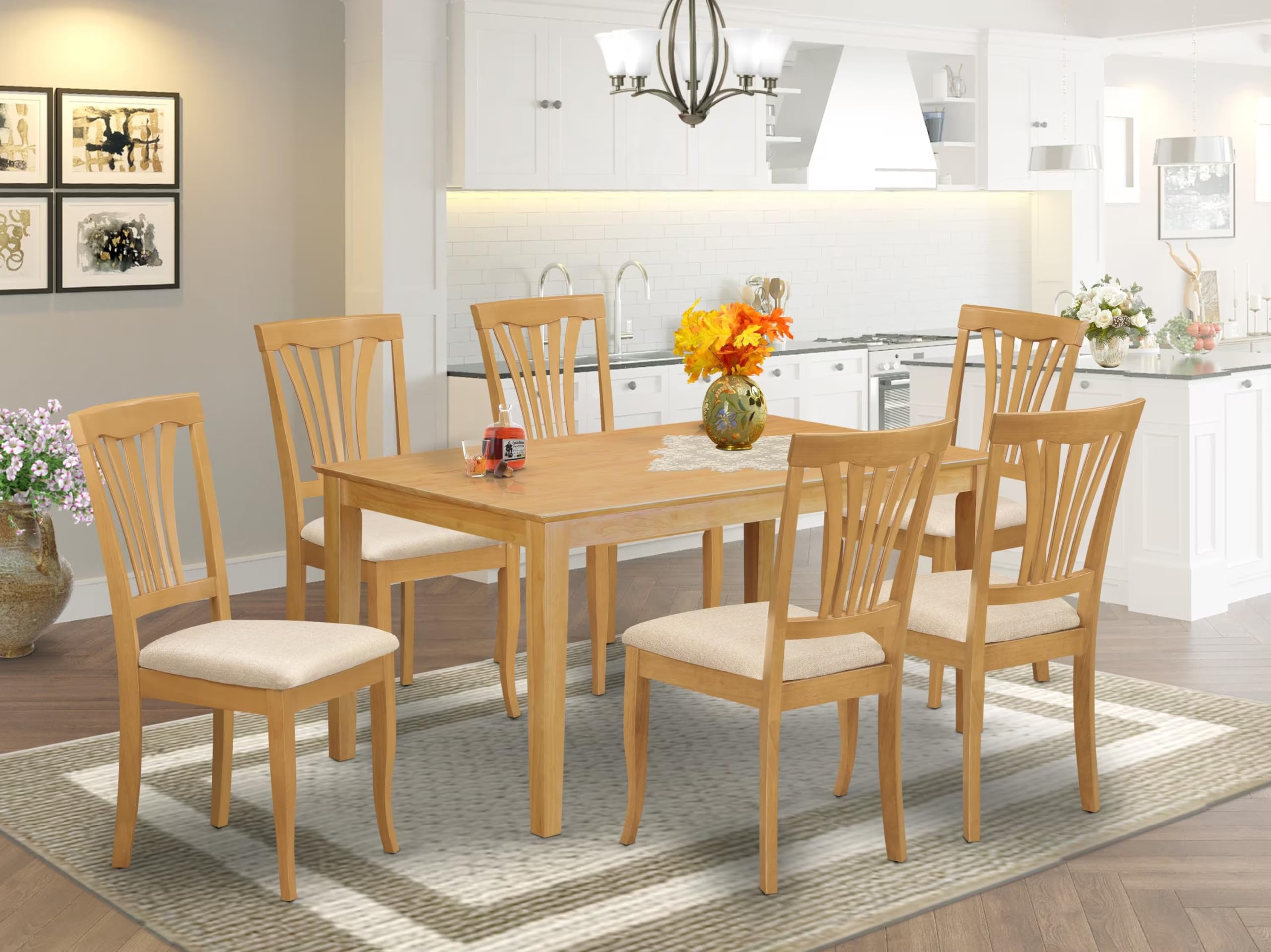 East West Furniture CAAV7-OAK-C 7 Piece Kitchen Table & Chairs Set Consist of a Rectangle Dining Table and 6 Linen Fabric Dining Room Chairs, 36x60 Inch, Oak