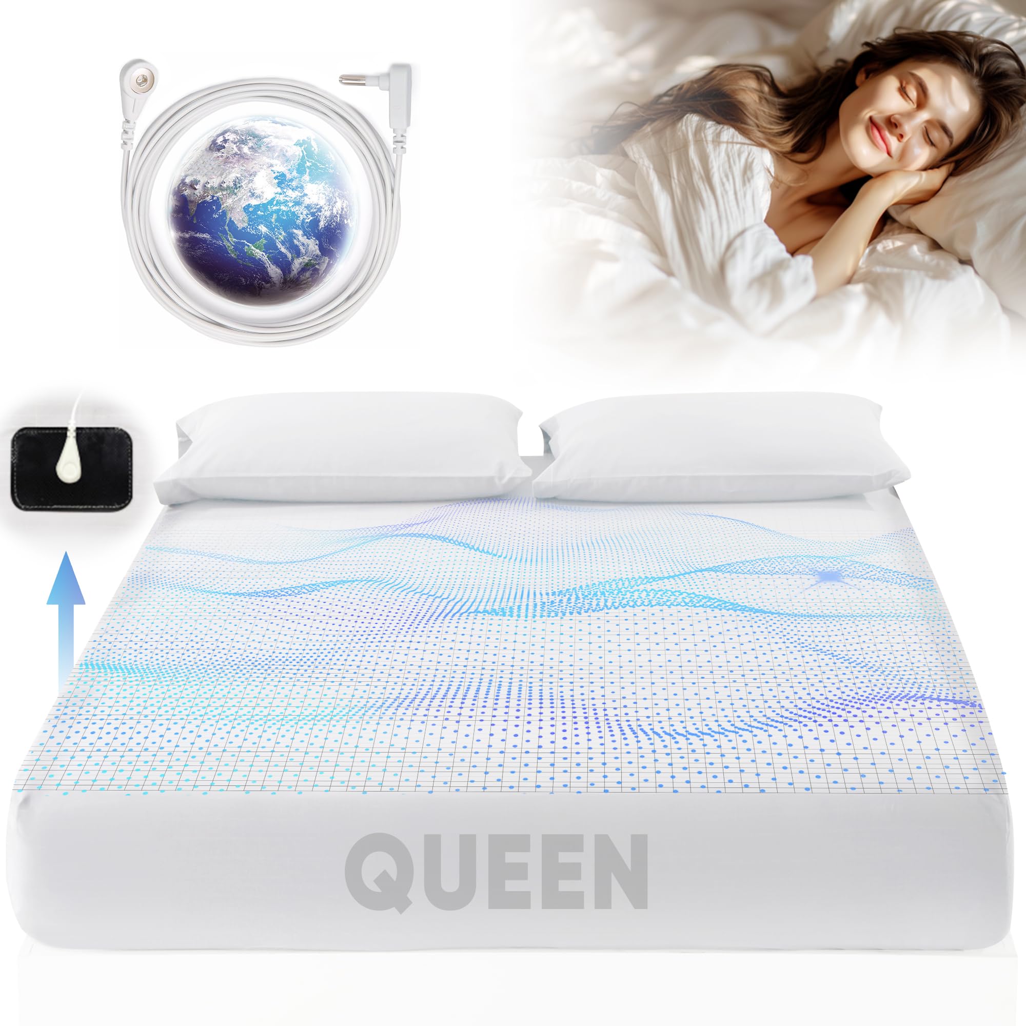 Grounding Sheets Queen Size, 95% Organic Cotton + 5% Pure Silver Fiber, Grounding Sheet Earth Connected Bedding (Queen - 60'X 8