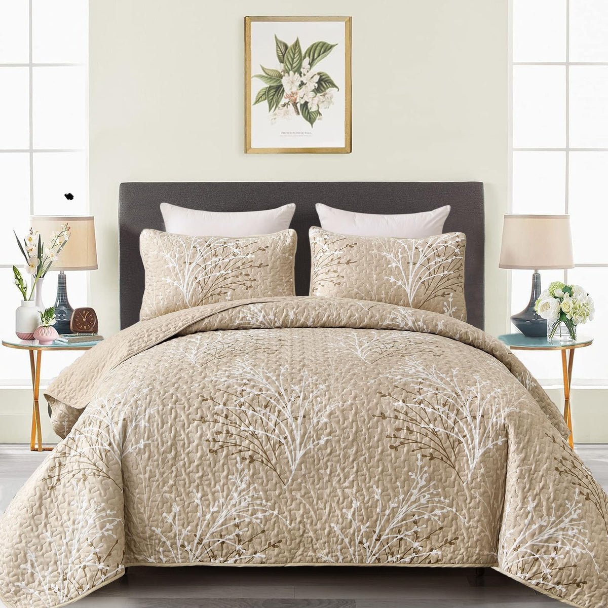 Djy Beige Quilt Set Queen Size - Branch Botanical Pattern Bedspread Coverlet Set, 3 Piece Cream Beige Floral Quilt Bedding Set,