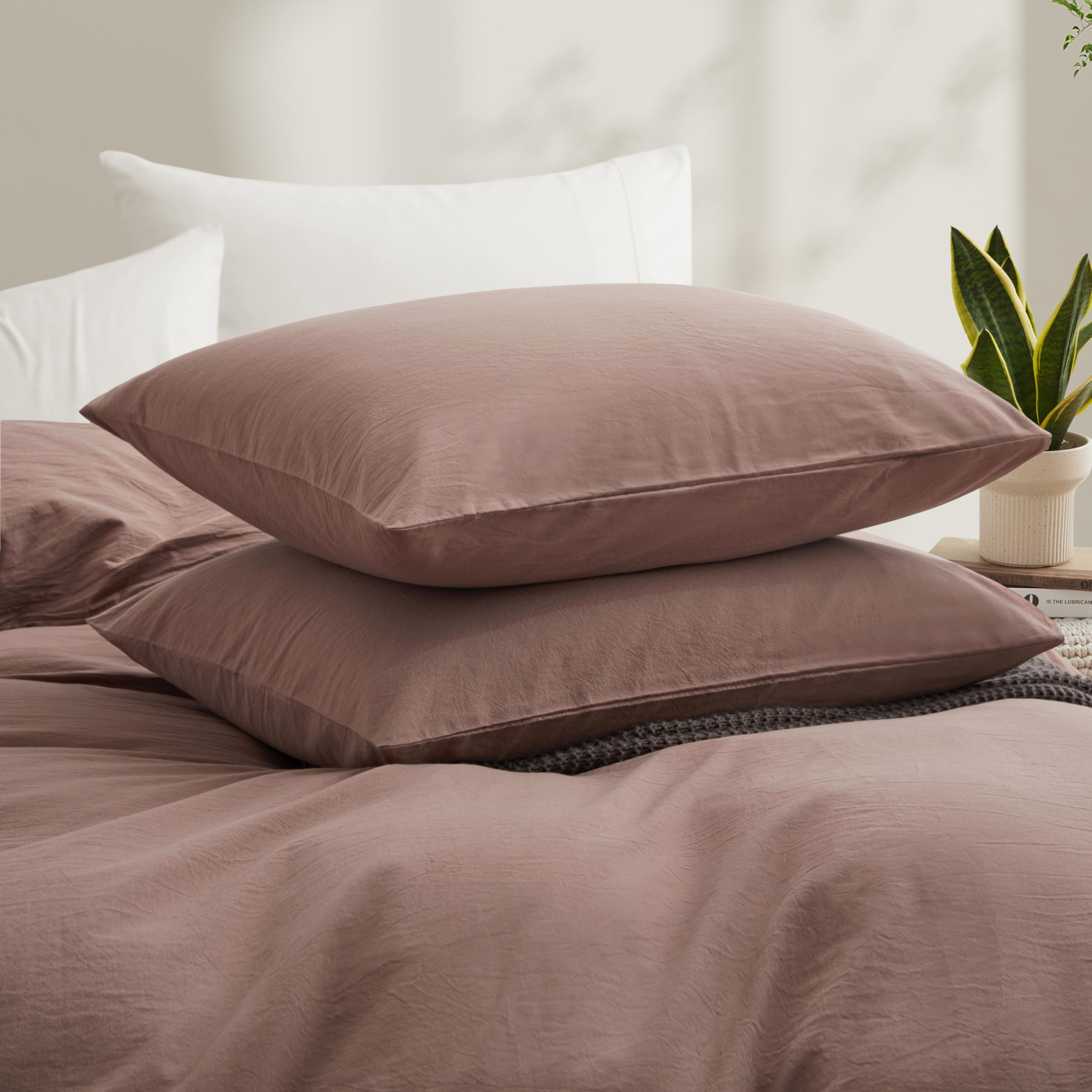 Lovque Mauve Brown Duvet Cover Full Size, 100% Washed Cotton Linen Like Bedding Set With Zipper Closure (No Comforter), 80X90 In