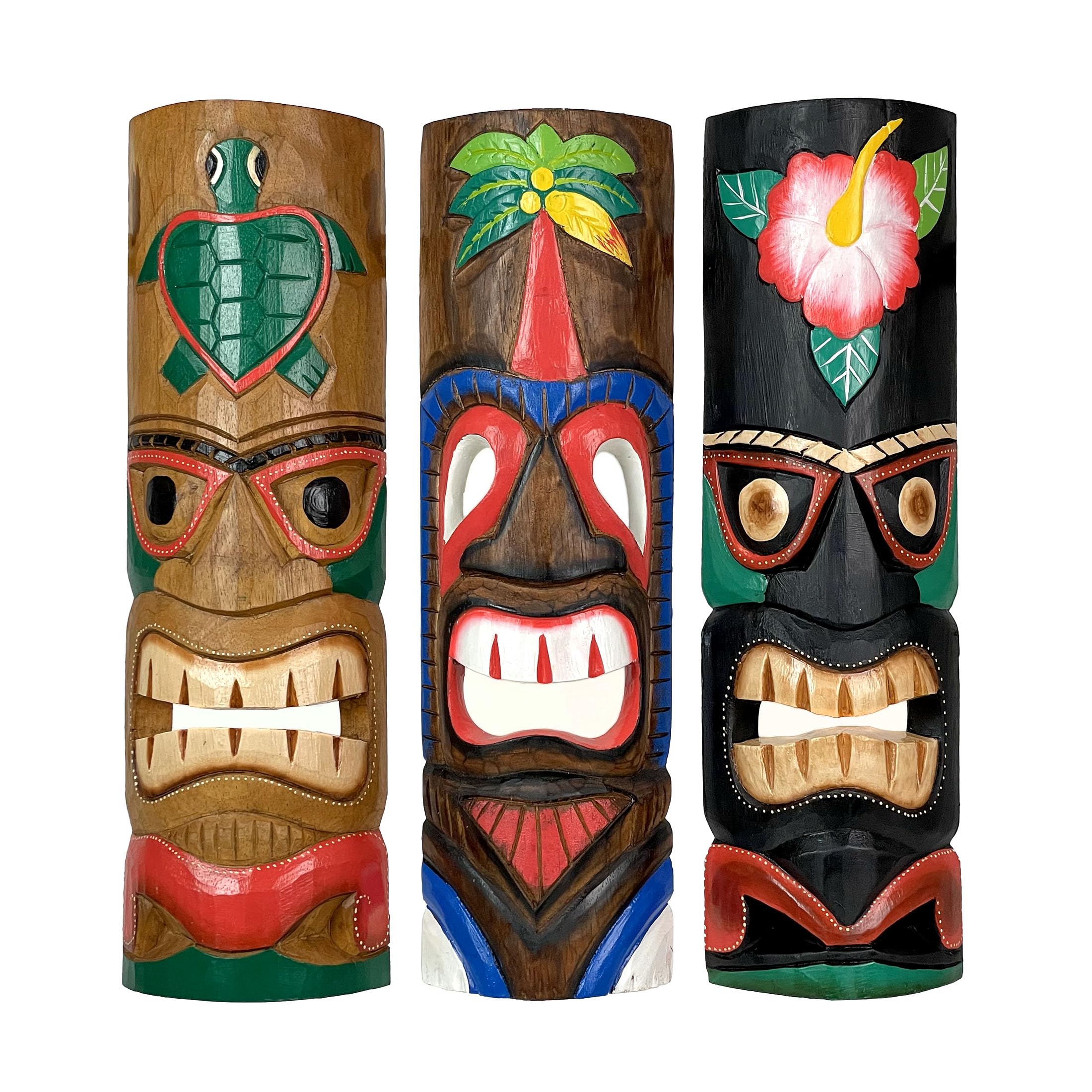 Zeckos Set of 3 Hand-Carved Polynesian Tiki Masks, 20 Inches High, Crafted from Indonesian Albesia Wood, Ideal Tropical Wall Dec
