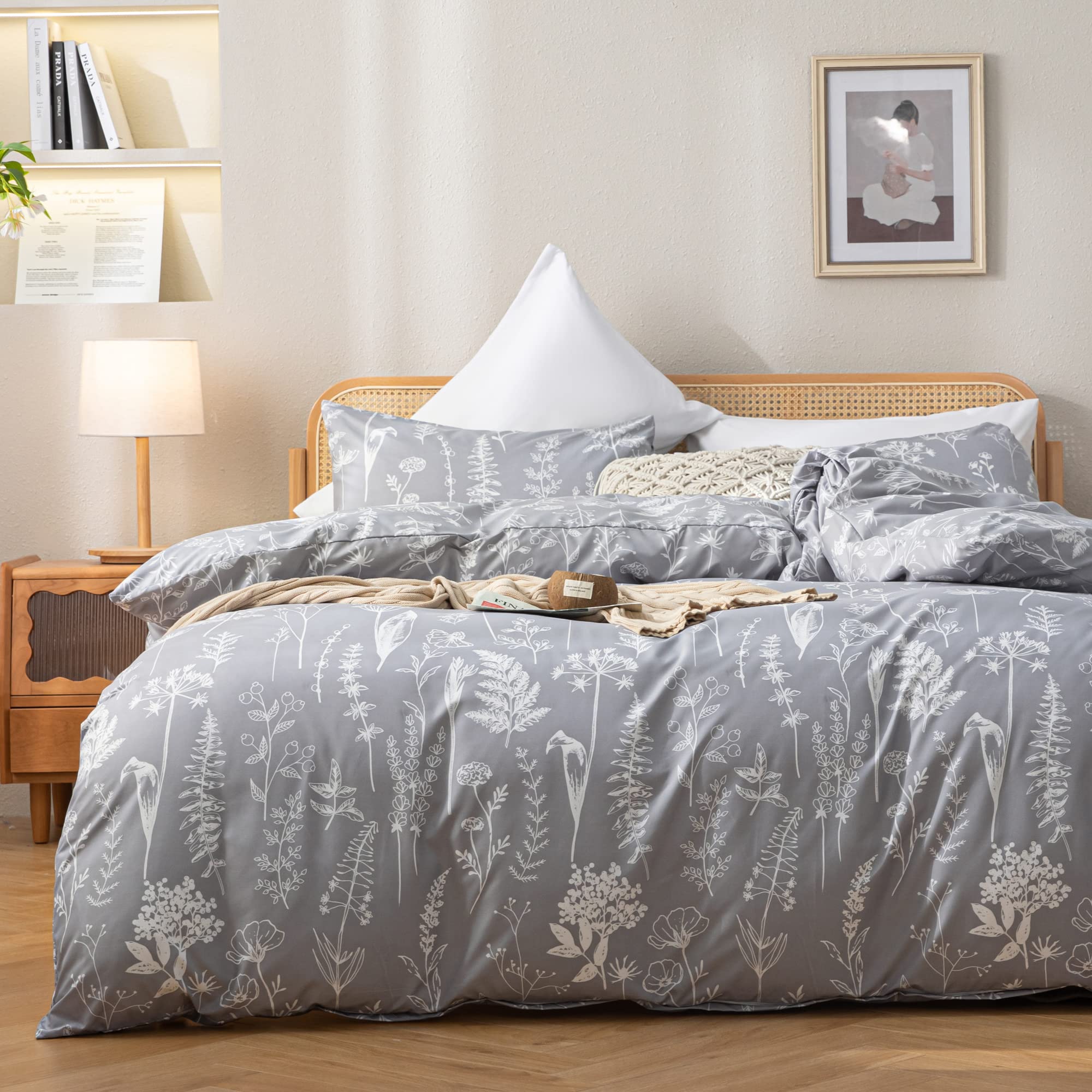 Janzaa 3Pcs Comforter Set Floral Comforter Set Bedding Set White Flower Printing On Grey Comforter With 2 Pillow Cases For All S
