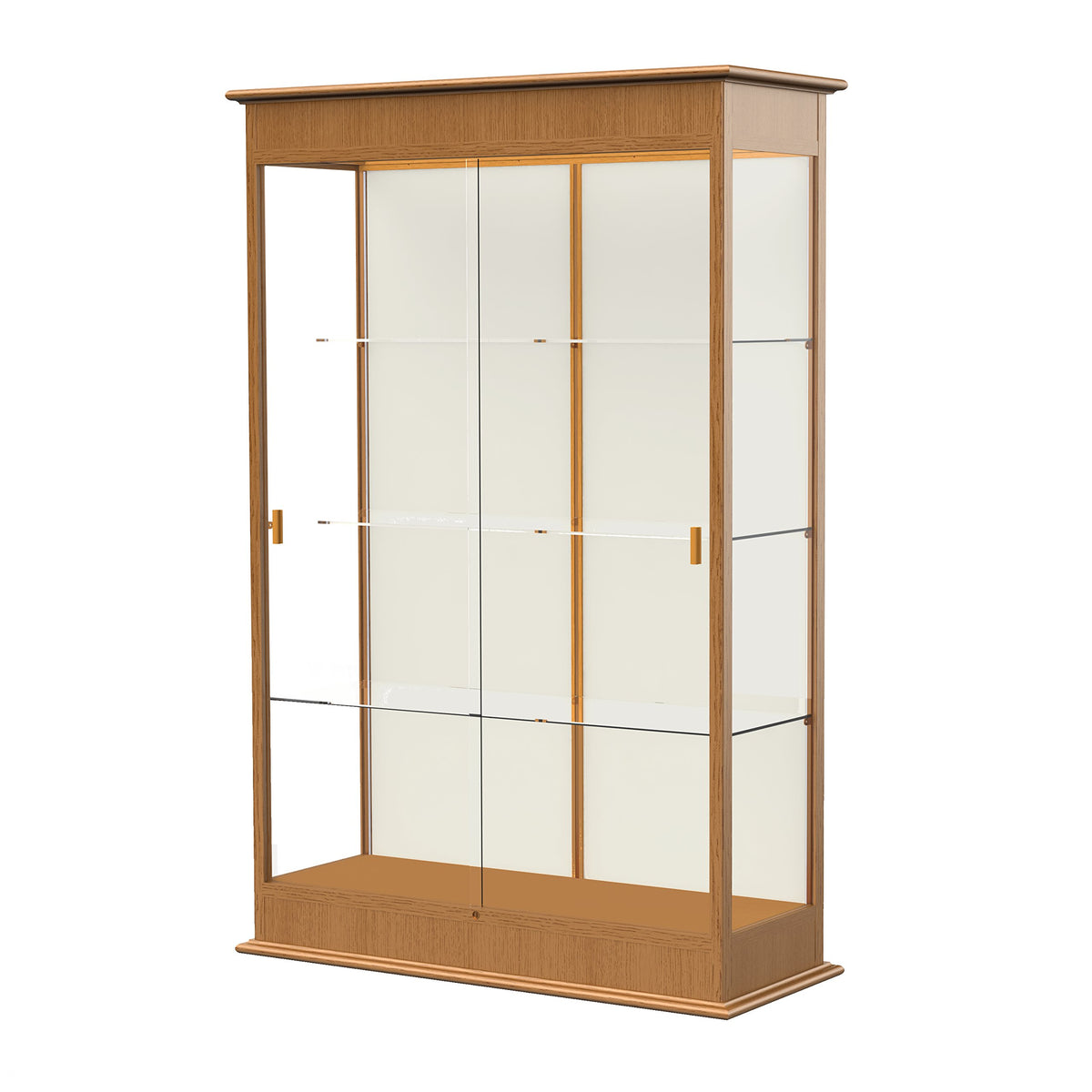 Waddell Varsity Sliding Doors Lighted Display Case, 48W by 77H by 18 D, Plaque Back with Carmel Oak Finish