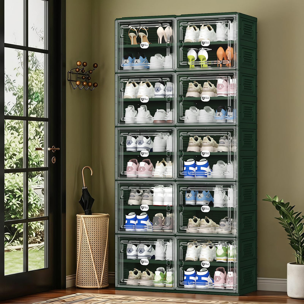 wesimple Green Foldable Shoe Storage Cabinet for 40 Pairs with Magnetic Clear Doors, Portable Enclosed Shoe Organizer, 3Step Qu