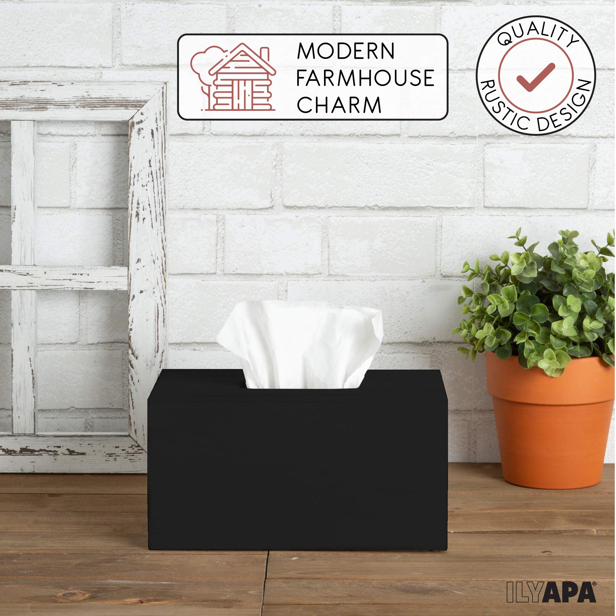 Ilyapa Wood Tissue Box Cover Rectangular - Rustic Farmhouse Black Wooden Tissue Holder
