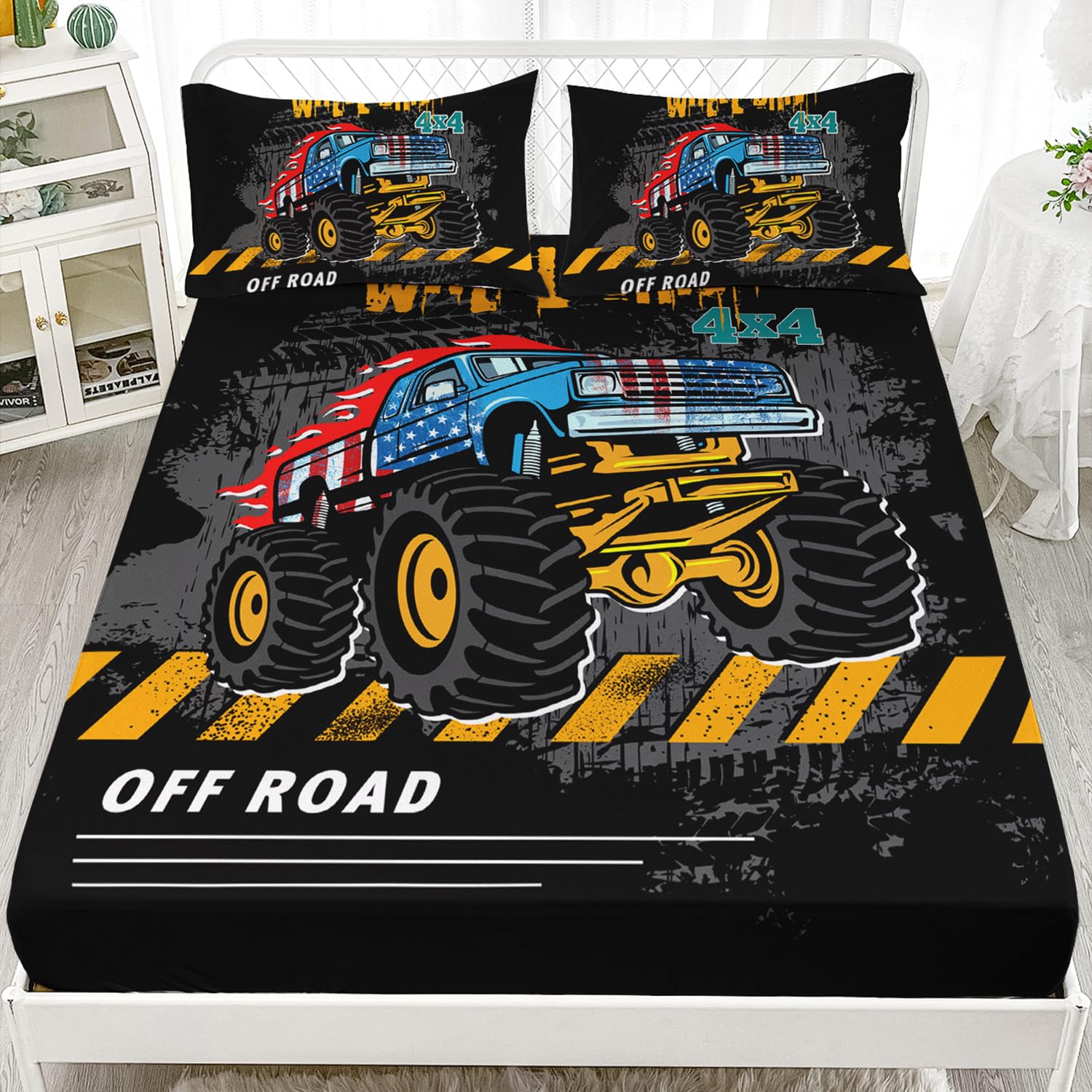 Ailonen Cartoon Truck Fitted Sheet Set Twin Xl Size, Monster Truck Bed Sheet Set,Construction Vehicles Sheets Set,American Flag