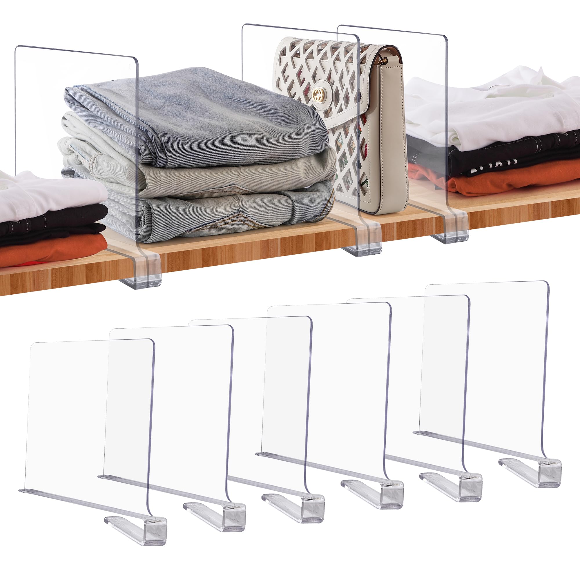 JOY DECOR 6 Pack Acrylic Clear Shelf Dividers for Closets Organization and Storage Adjustable Vertical Wood Shelf Closet Separat