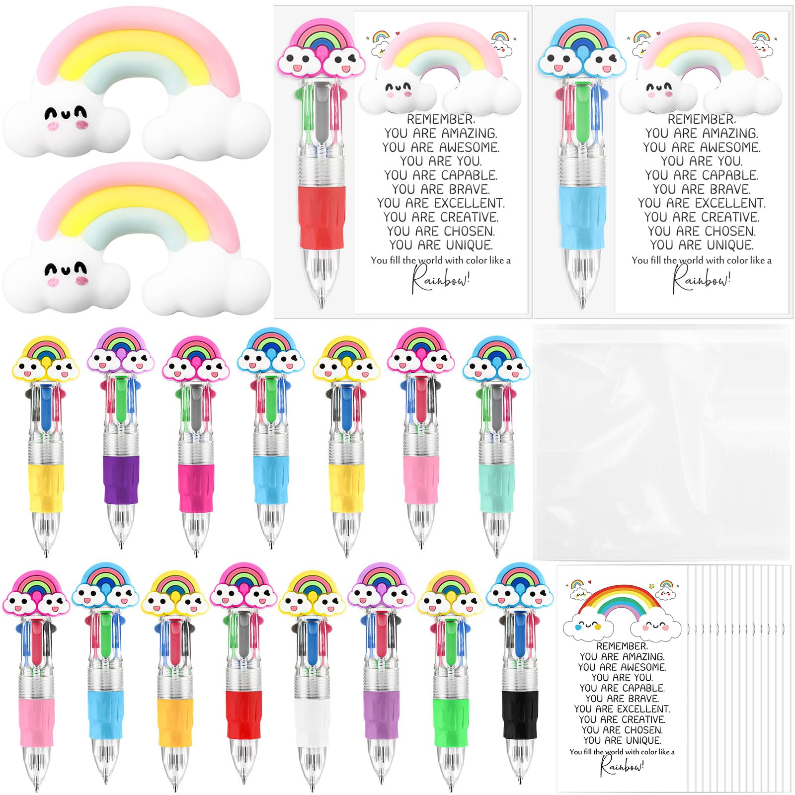 TaoBary 30 Sets Rainbow Motivational Support 4-in-1 Multicolor Ballpoint Pen Squeeze Mini Stress Balls Gift Bulk with Inspiratio