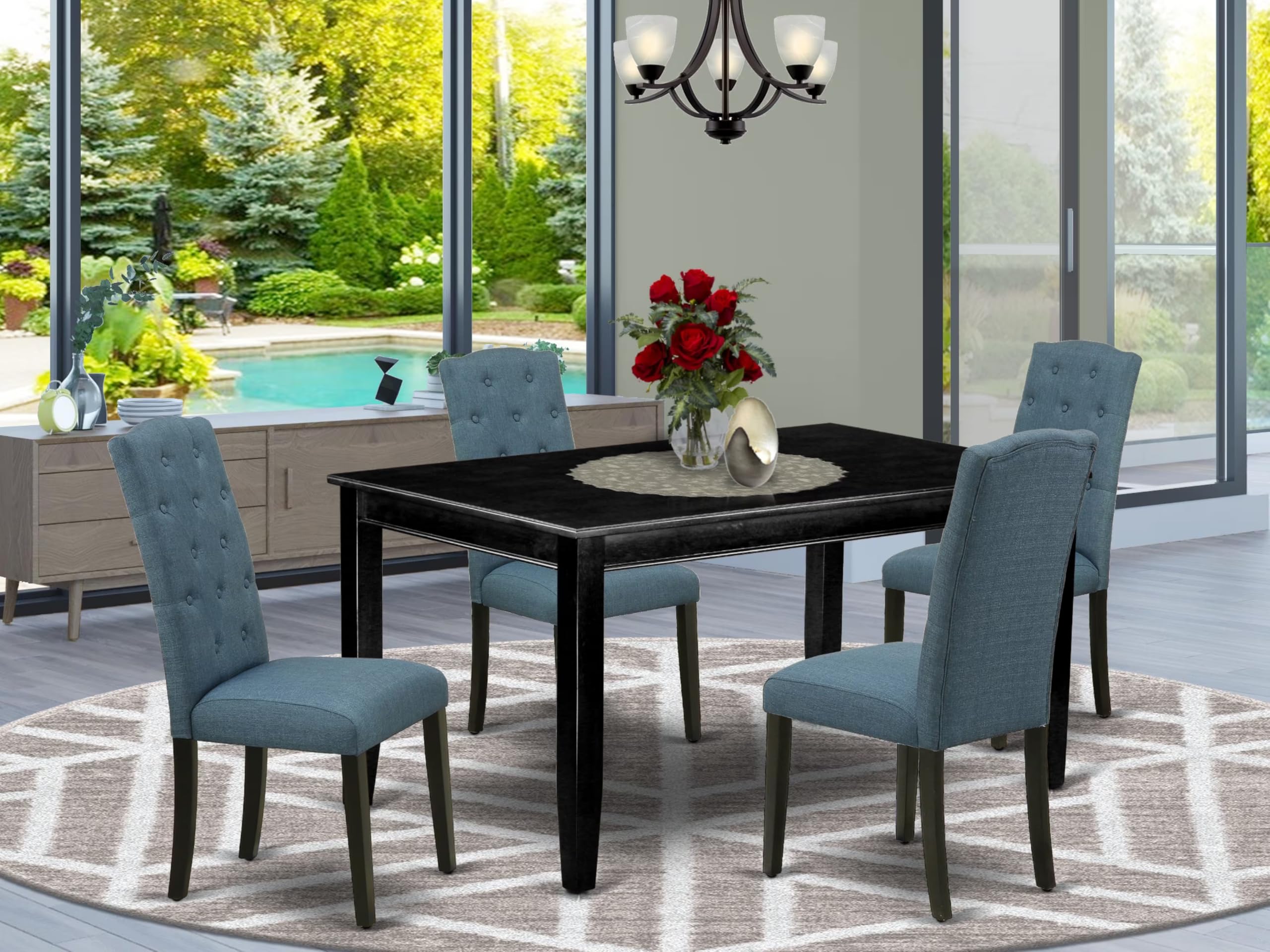 East West Furniture Duce6-Mah-10 6 Piece Dining Table Set Contains A Rectangle Kitchen Table And 4 Dahlia Linen Fabric Parson Chairs With A Bench, 36X60 Inch, Mahogany
