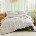 Wongs Bedding Grey Textured Comforter Set Queen,3 Pieces Ruffle Farmhouse Shabby Chic Comforter For Queen Bed,Soft Seersucker Bo