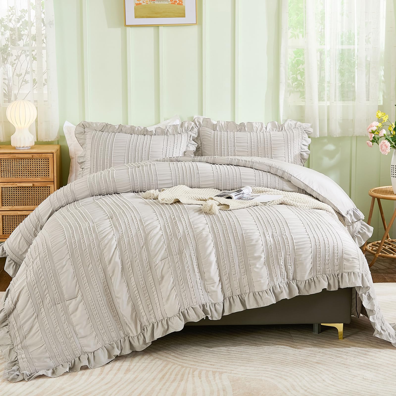Wongs Bedding Grey Textured Comforter Set Queen,3 Pieces Ruffle Farmhouse Shabby Chic Comforter For Queen Bed,Soft Seersucker Bo