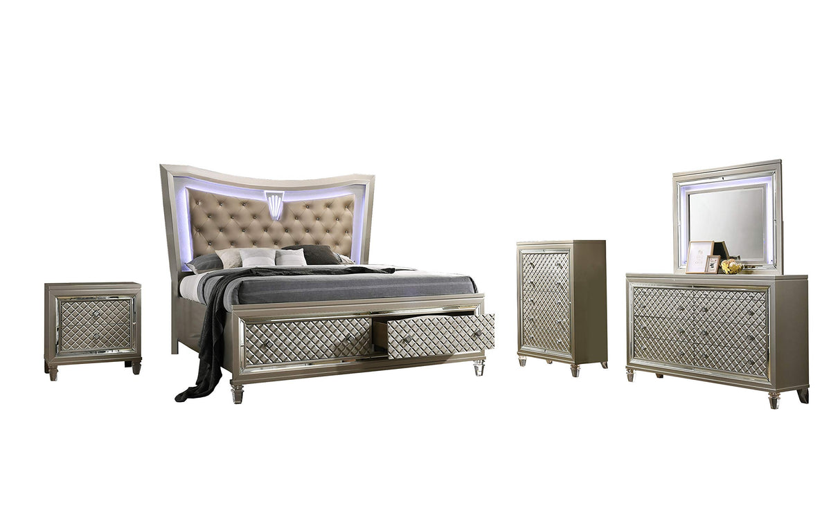 Best Quality Furniture Venetian 5Pc (Queen Bed, Dresser, Mirror, Nightstand, And Chest), Champagne