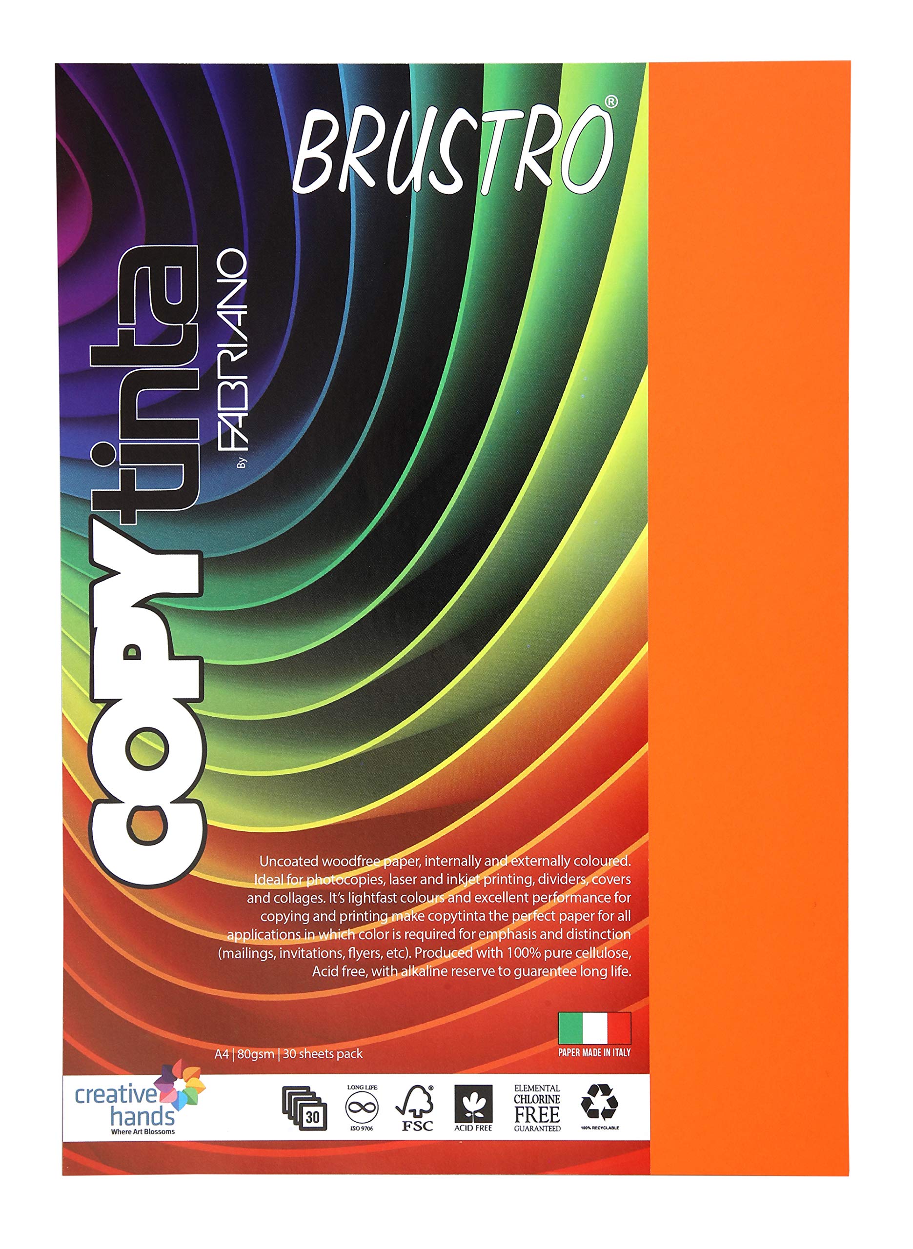 BRUSTRO Copytinta Coloured Craft Paper A4 Size 80 GSM Orange Shade (ARAGOSTA), 30 Sheets Pack. Double Side Coloured for Office P