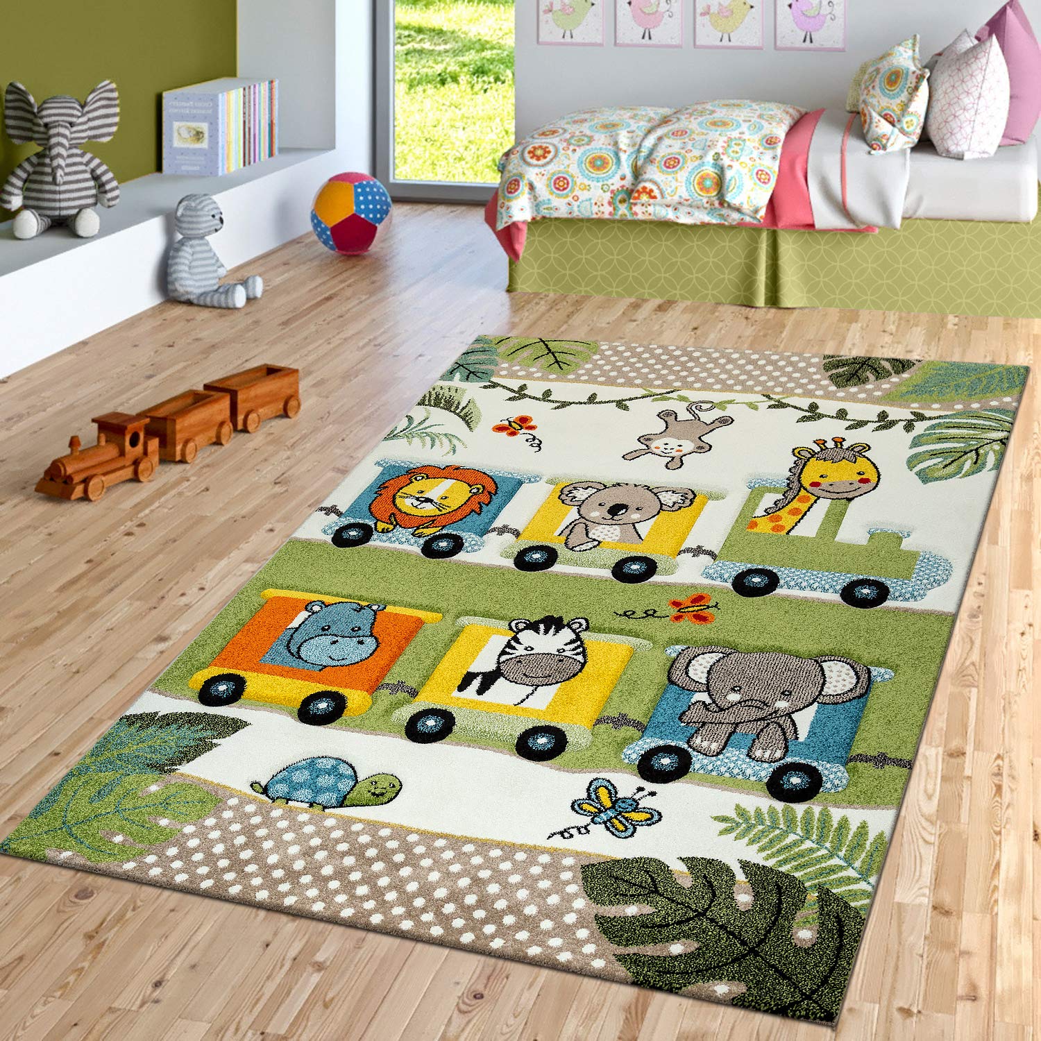 Nursery Rug For Kids Cute Jungle Animals Locomotive 3D Effect Green Cream, Size: 2'8' X 4'11'