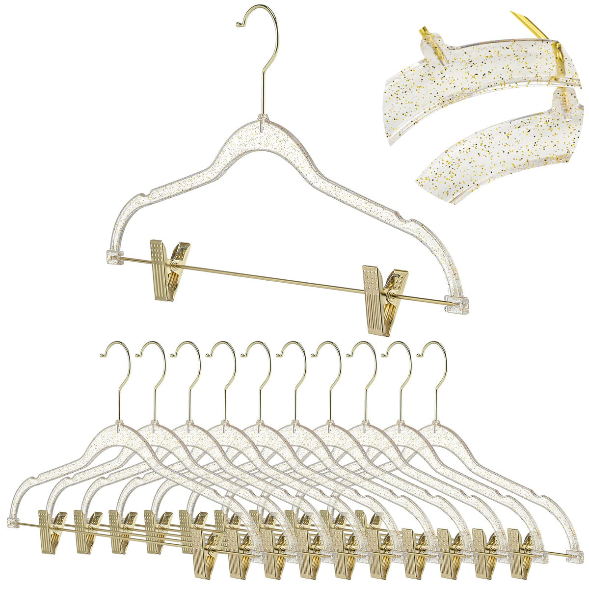 Hoolerry 10 Pcs Clear Gold Hanger with Clip Acrylic Glitter Hanger, Gold