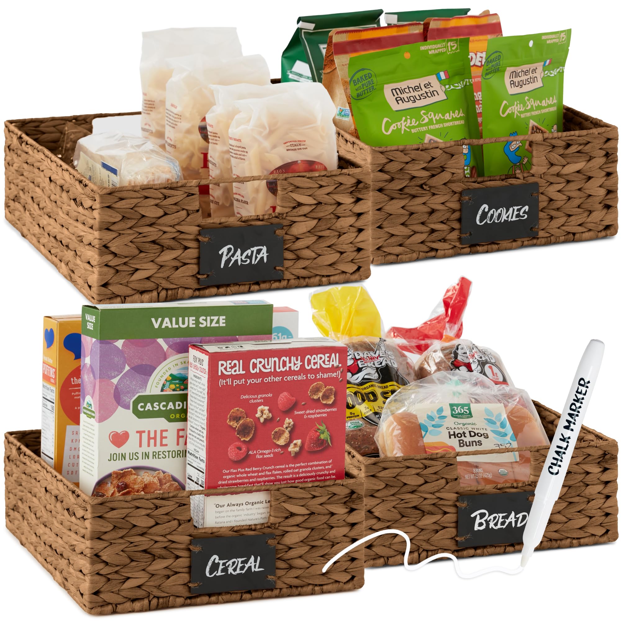 Best Choice Products Set of 4 16x12in Large Water Hyacinth Pantry Baskets, Woven Organizers w/Chalkboard Label, Chalk Marker - C