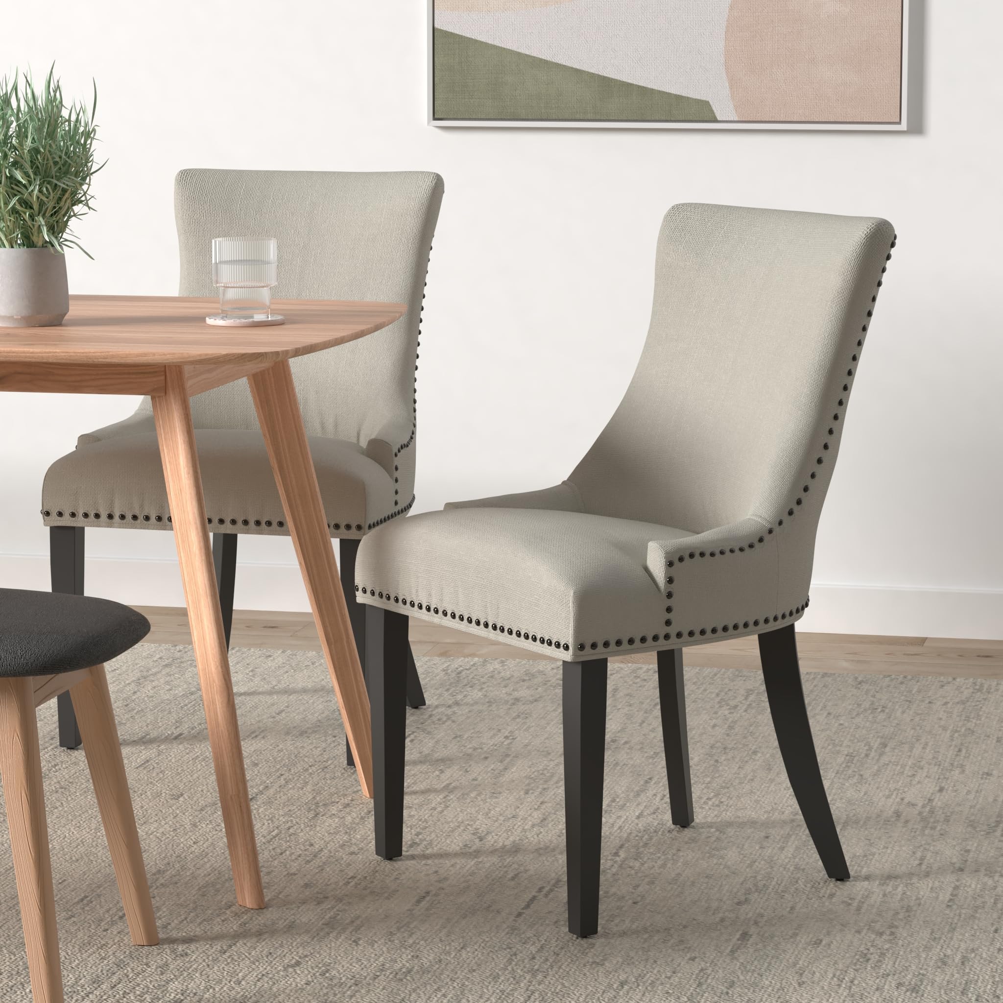 Modway Marquis Modern Upholstered Fabric Four Dining Chairs With Nailhead Trim In Beige