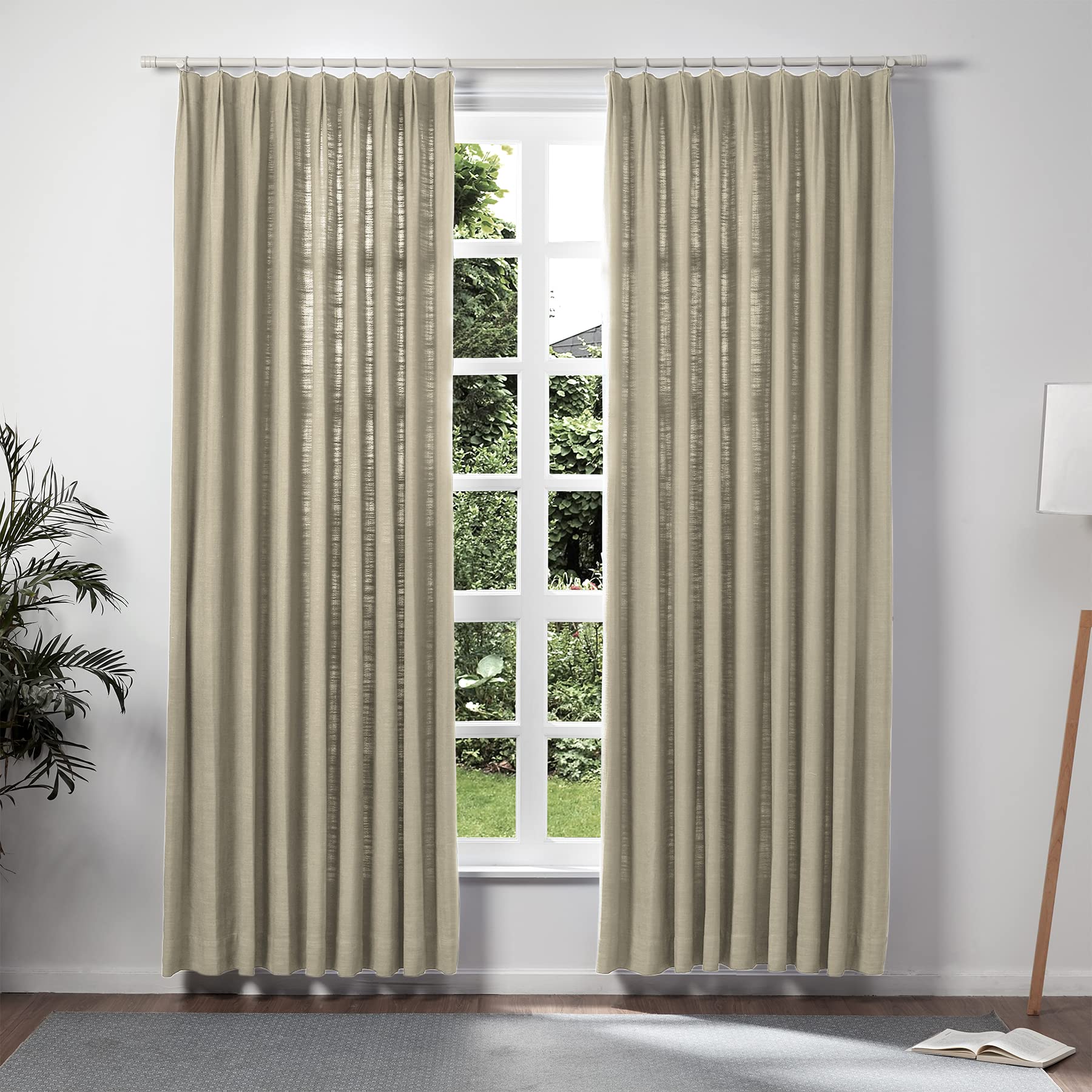 Twopages Double Layer Lined Pinch Pleated Curtain Grey Beige Linen Blend Light Filtering Room Darkening Curtain For Kitchen, Win
