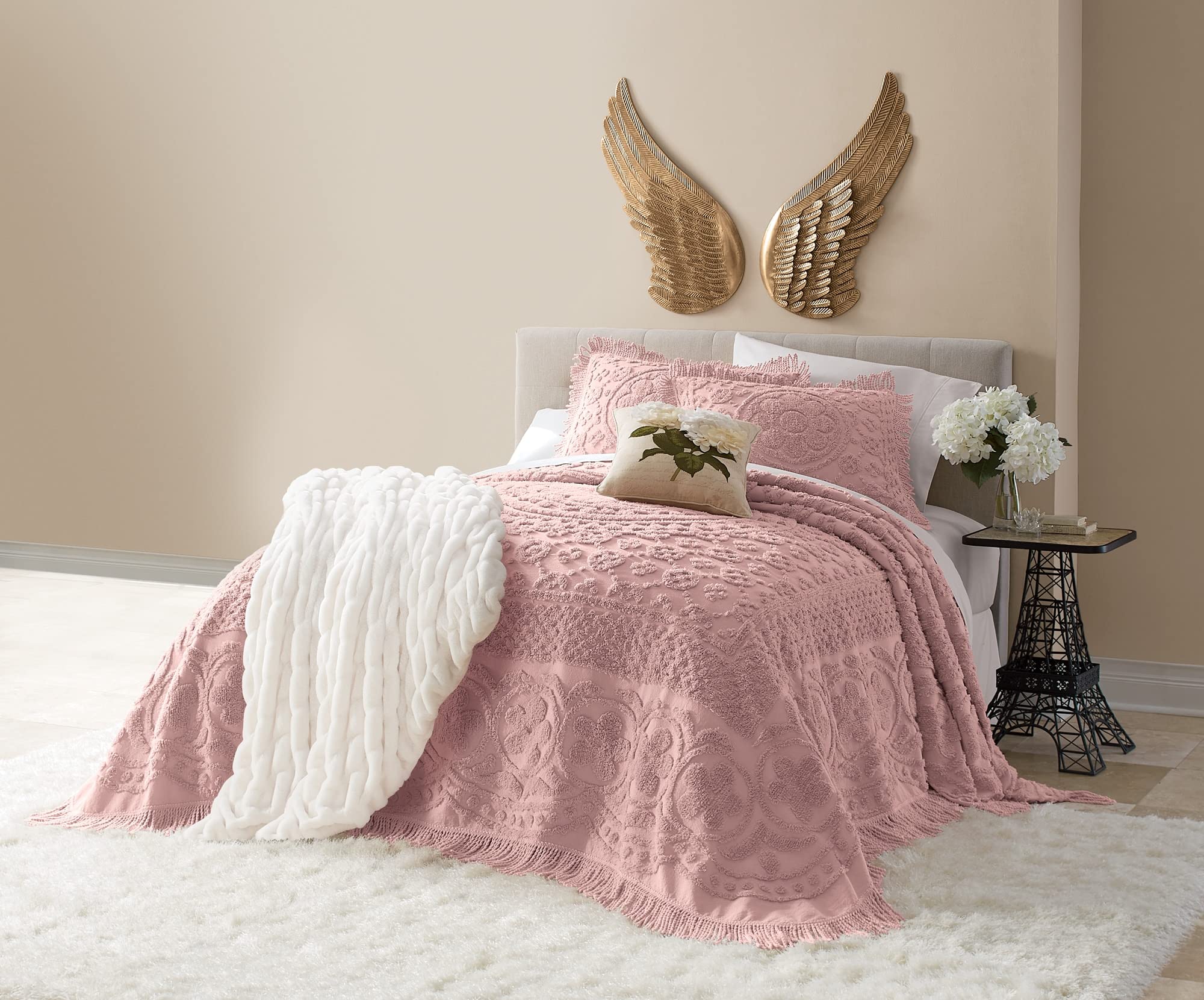 Montgomery Ward Emily Floral Chenille Bedspread, Soft Cotton Comforter, Full Size Quilt In Blush - Luxury Hotel Bedding, Full Be