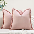 Zwjd Pillow Covers 18X18 Set Of 2 Dusty Pink Throw Pillow Covers With Fringe Chic Cotton Decorative Pillows Square Cushion Cover