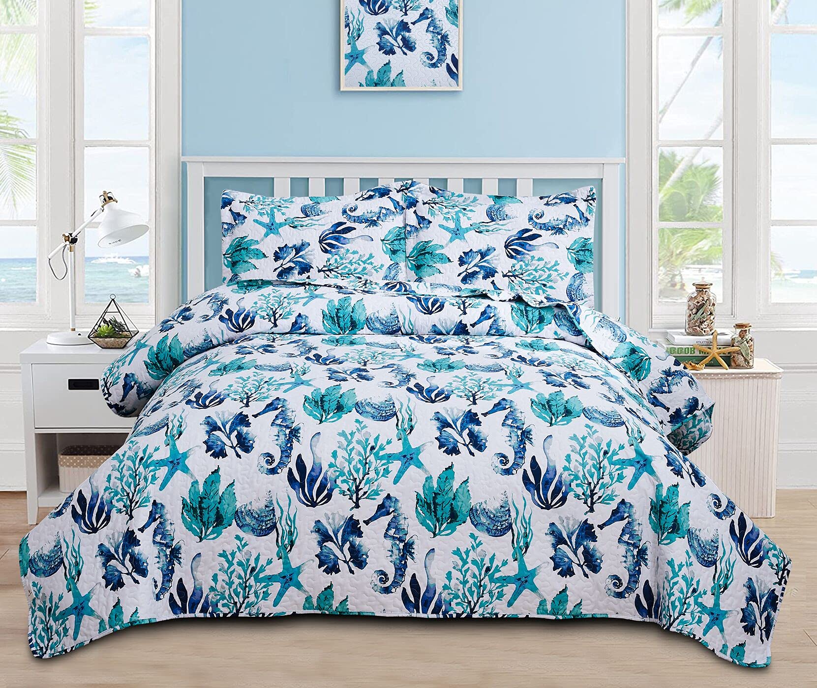 Bedspread Set King Size Quilts Beach Bedding Coastal Ocean Reversible Quilts Summer Bedspread Coverlet Soft Lightweitht Quilt Be