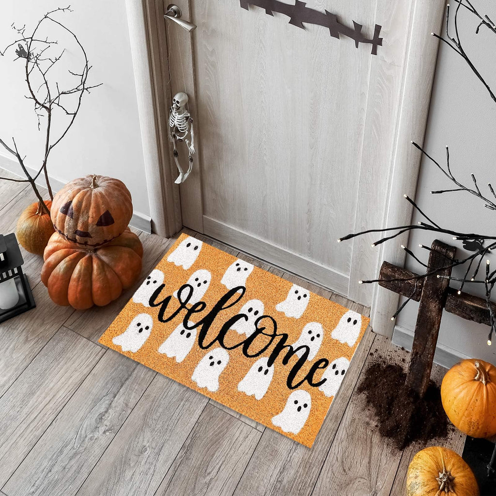 Jarthenaamcs Halloween Natural Coir Doormat Cute Ghost Welcome Floor Mat Non-Slip Entrance Door Rugs For Indoor Outdoor Bathroom