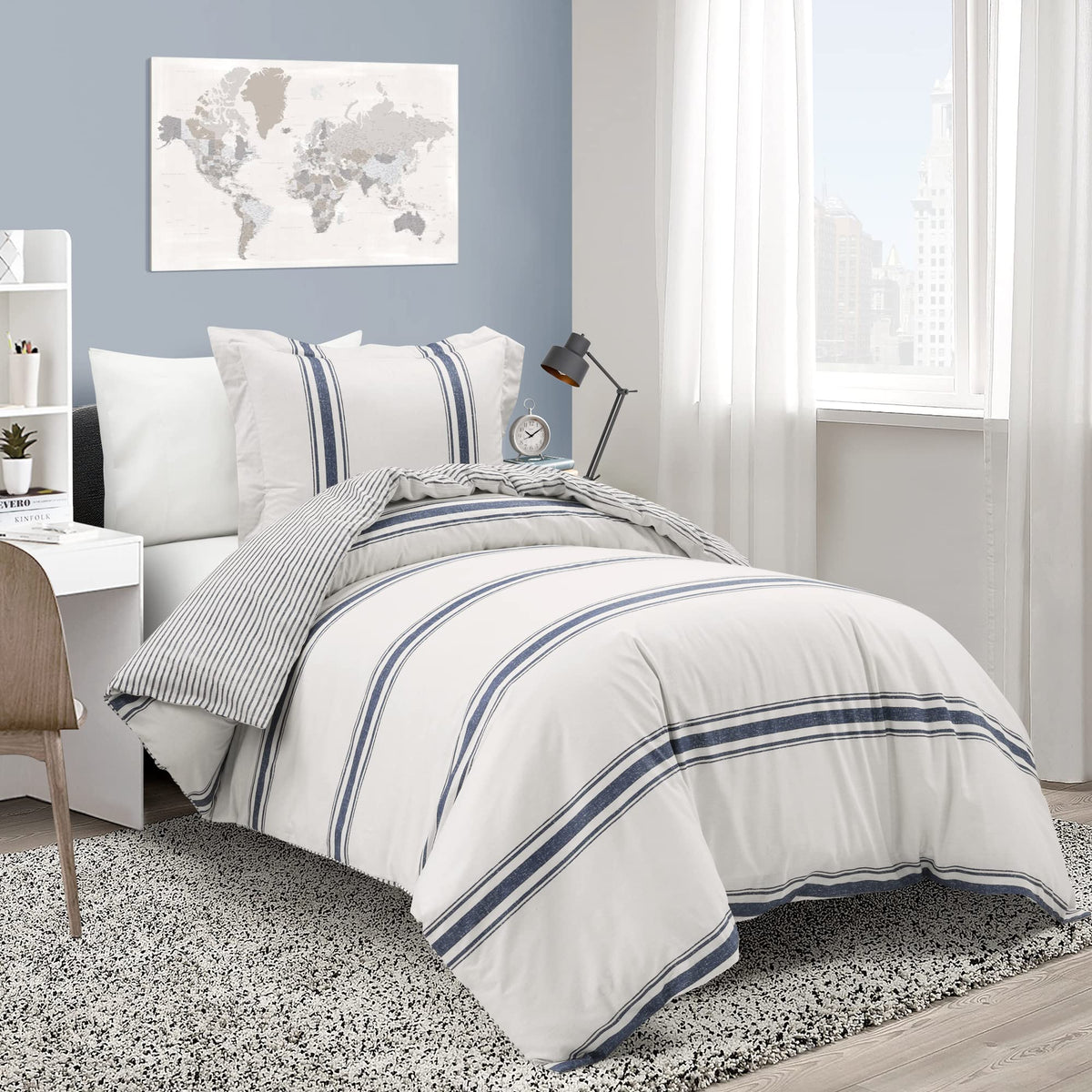 Lush Decor Farmhouse Stripe Reversible Cotton Duvet Cover Set, 2 Piece Set, Twin Xl, Navy - Twin Bedding Set - Dorm Decor - Stri