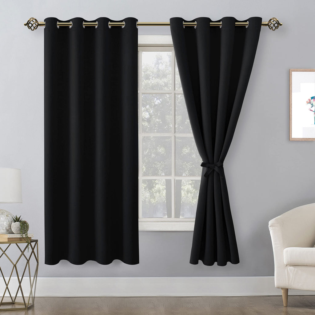 Hiasan Blackout Curtains For Bedroom, 52 X 63 Inches Length - Thermal Insulated & Light Blocking Window Curtains For Living Room, 2 Drape Panels Sewn With Tiebacks, Black