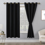 Hiasan Blackout Curtains For Bedroom, 52 X 63 Inches Length - Thermal Insulated & Light Blocking Window Curtains For Living Room, 2 Drape Panels Sewn With Tiebacks, Black