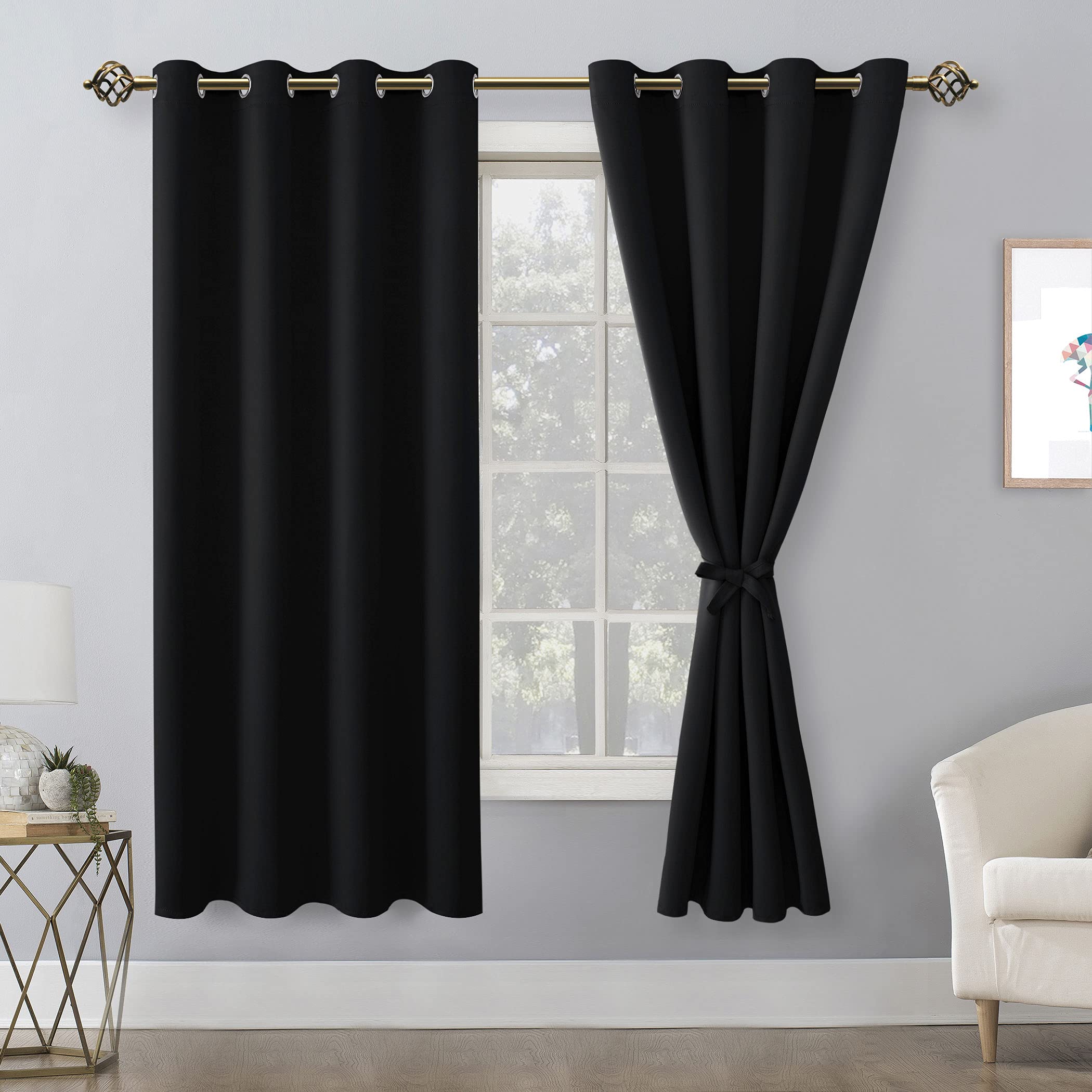 Hiasan Blackout Curtains For Bedroom, 52 X 63 Inches Length - Thermal Insulated & Light Blocking Window Curtains For Living Room, 2 Drape Panels Sewn With Tiebacks, Black