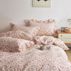 Girls Floral Duvet Cover Queen Pink Red Flower Ruffle Duvet Cover Soft Cotton Vintage Garden Style Lace Floral Bedding Set Queen