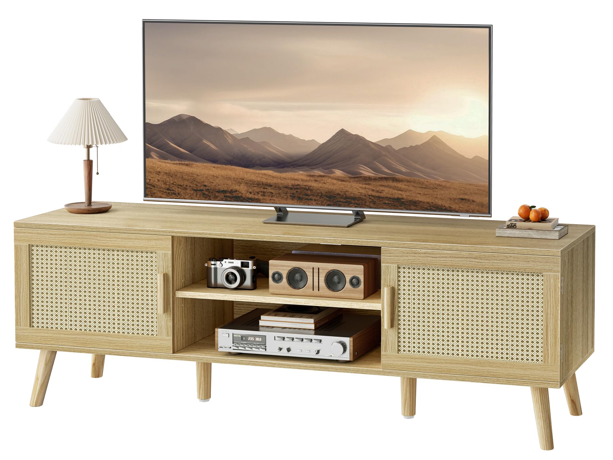 SUPERJARE Boho TV Stand for 65 Inch TV, Entertainment Center with Adjustable Shelf, Rattan TV Console with 2 Cabinets, Media Con