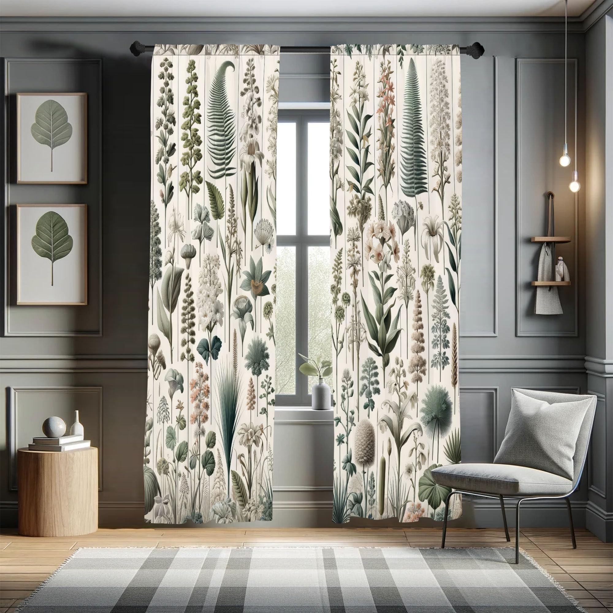 Ambesonne Neutral Window Curtains, Exotic Botanical Illustration Of Leaves Pastel Tones Ferns And Palms, Lightweight Decorative