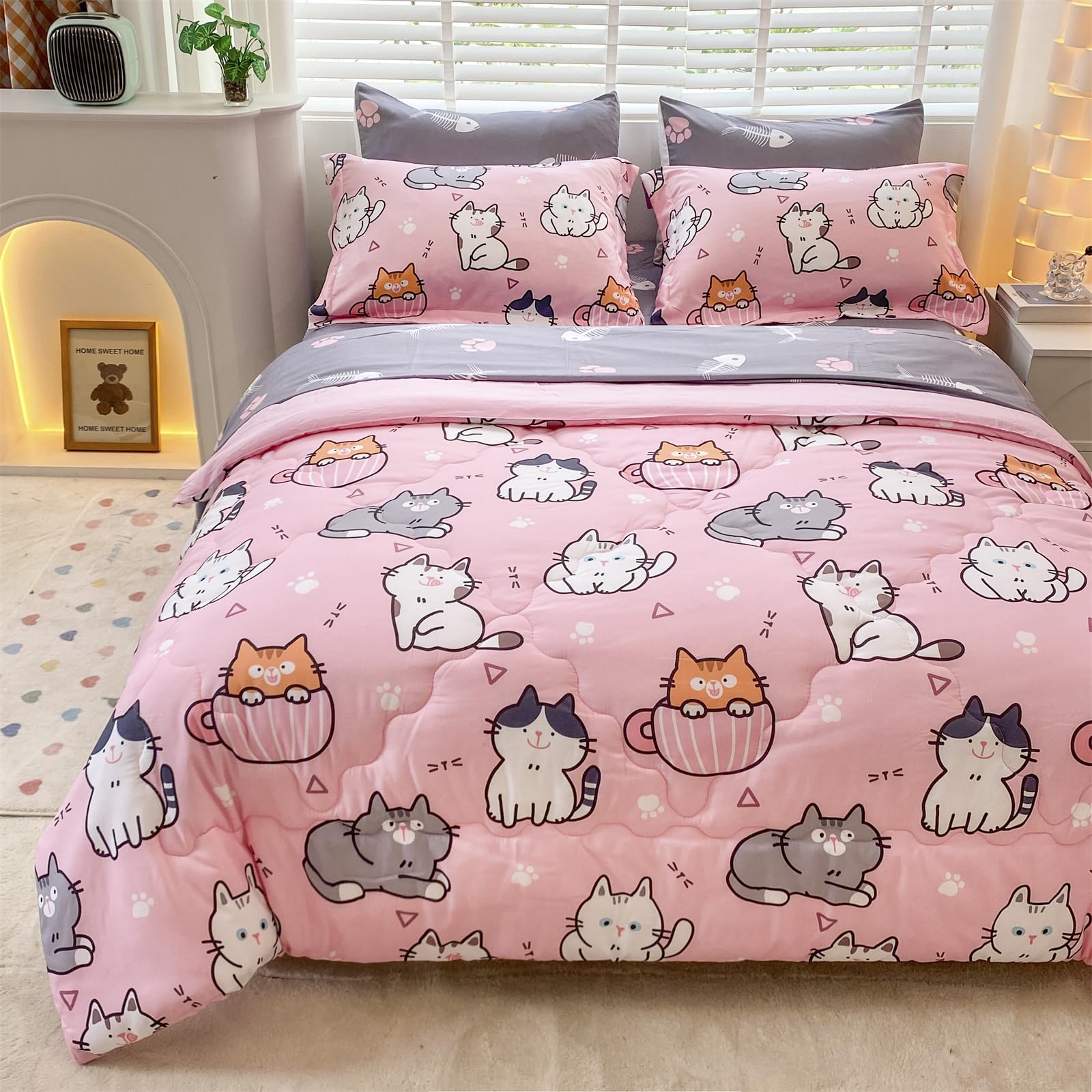 Gusuhome 7 Piece Girls Cat Comforter Set Full Size Bed In A Bag Pink Cute Cartoon Pet Cats Bedding Set For Kids Boys Teens (1 Co
