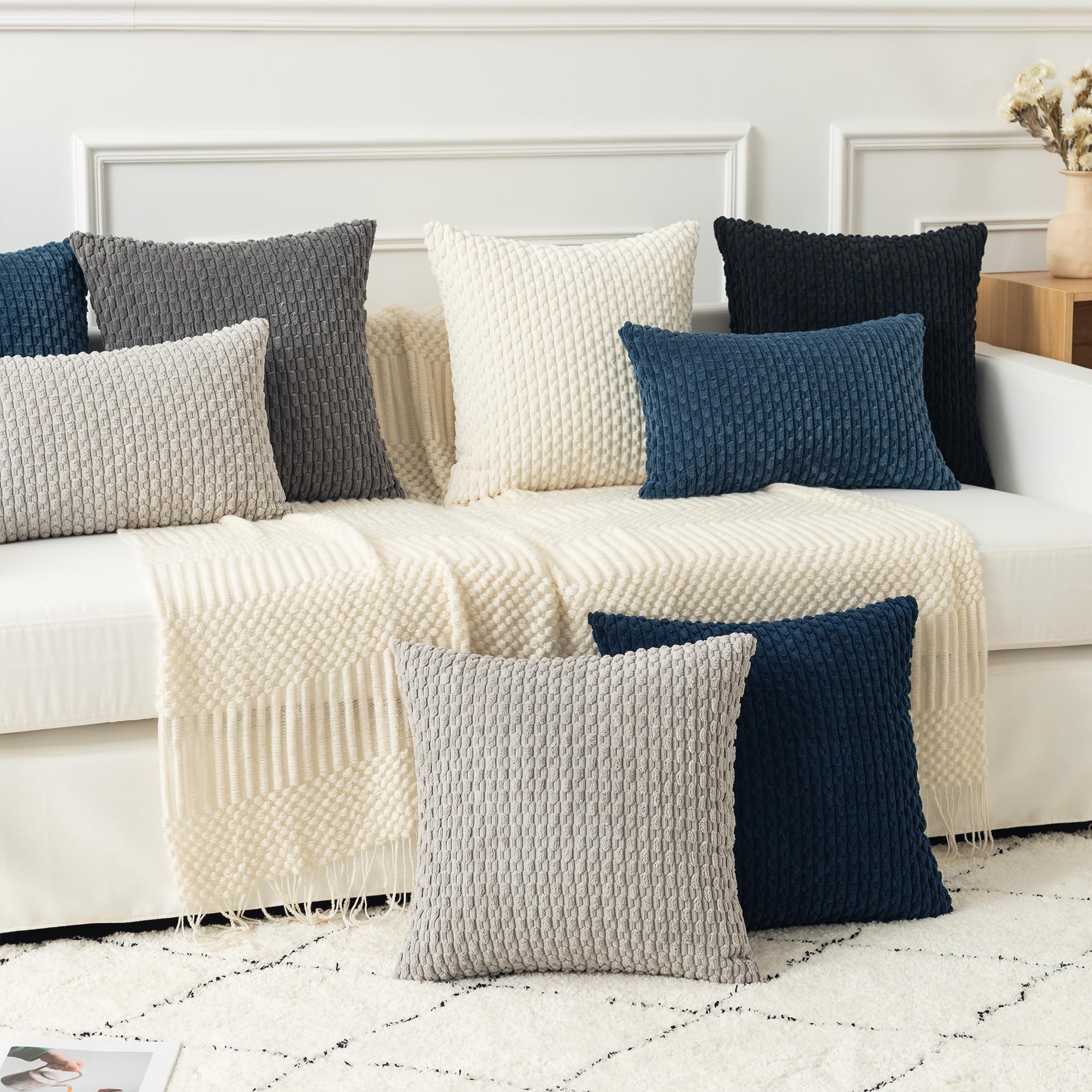 Kevin Textile 2 Packs Cream White Decorative Throw Pillow Covers 26X26 Inch For Living Room Couch Bed Sofa Rustic Farmhouse Boho Home Decor Soft Striped Corduroy Square Cushion Case 66X66 Cm