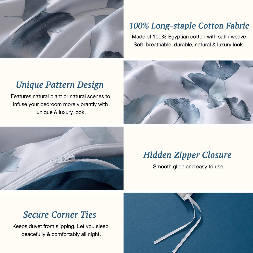 Mildly 100% Long-Staple Cotton Duvet Cover Set Light Navy Ginkgo Leaf Pattern Printed Comforter Cover 3Pcs, Ultra Soft & Breatha