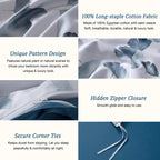 Mildly 100% Long-Staple Cotton Duvet Cover Set Light Navy Ginkgo Leaf Pattern Printed Comforter Cover 3Pcs, Ultra Soft & Breatha
