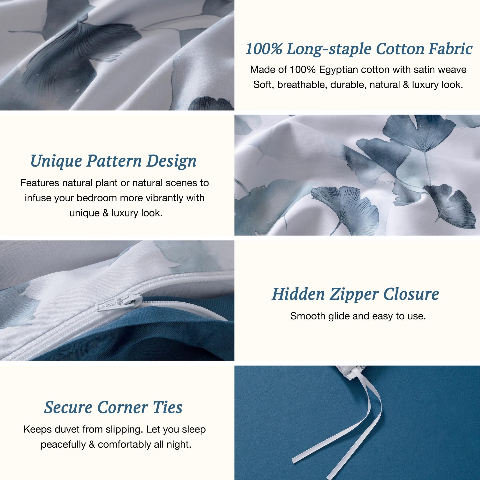 Mildly 100% Long-Staple Cotton Duvet Cover Set Light Navy Ginkgo Leaf Pattern Printed Comforter Cover 3Pcs, Ultra Soft & Breatha