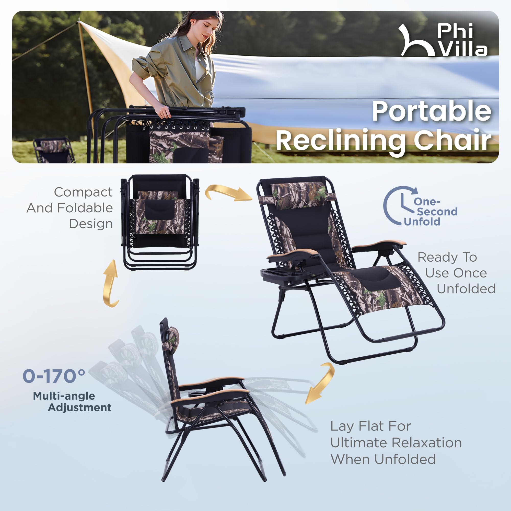 Phi Villa Xxl Oversized Padded Zero Gravity Chair, Foldable Patio Recliner, 30' Wide Seat Anti Gravity Lounger With Cup Holder, Set Of 2, Support 400 Lbs (Camouflage)