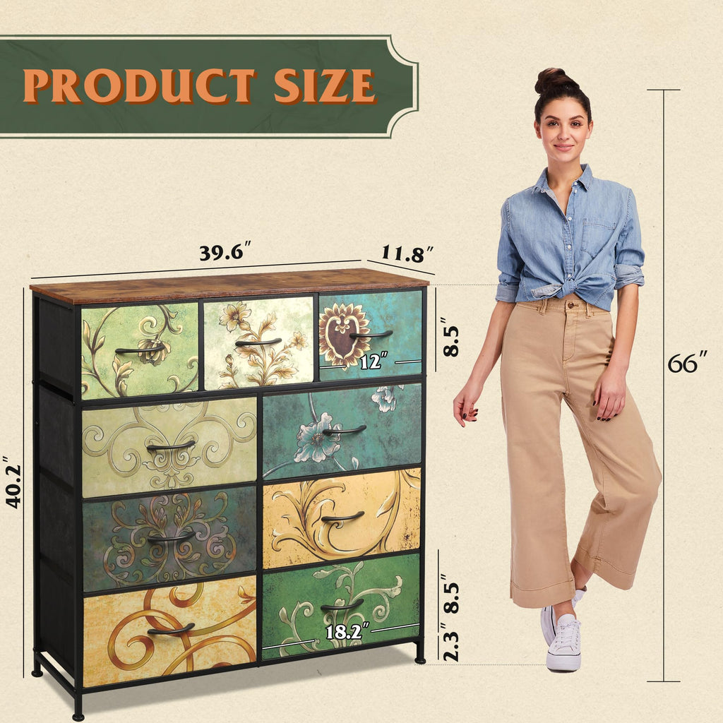 Wlive 9-Drawer Dresser, Fabric Storage Tower For Bedroom, Hallway, Entryway, Closet, Tall Chest Organizer Unit With Fabric Bins, Steel Frame, Wood Top, Easy Pull Handle, Floral Painted