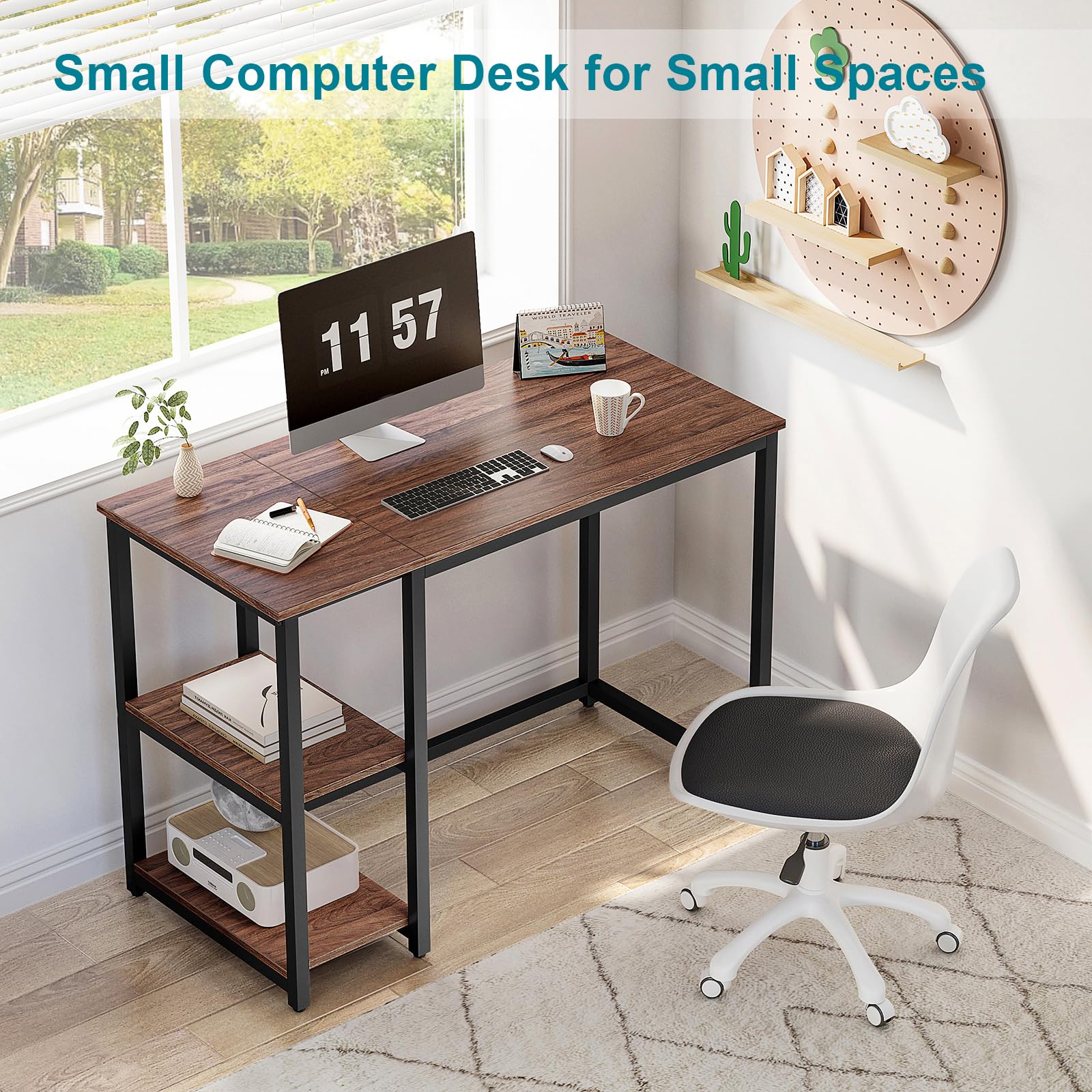 Sinpaid Computer Desk 47 Inches With 2-Tier Shelves Sturdy Home Office Desk With Large Storage Space Modern Gaming Desk Study Writing Laptop Table, Brown