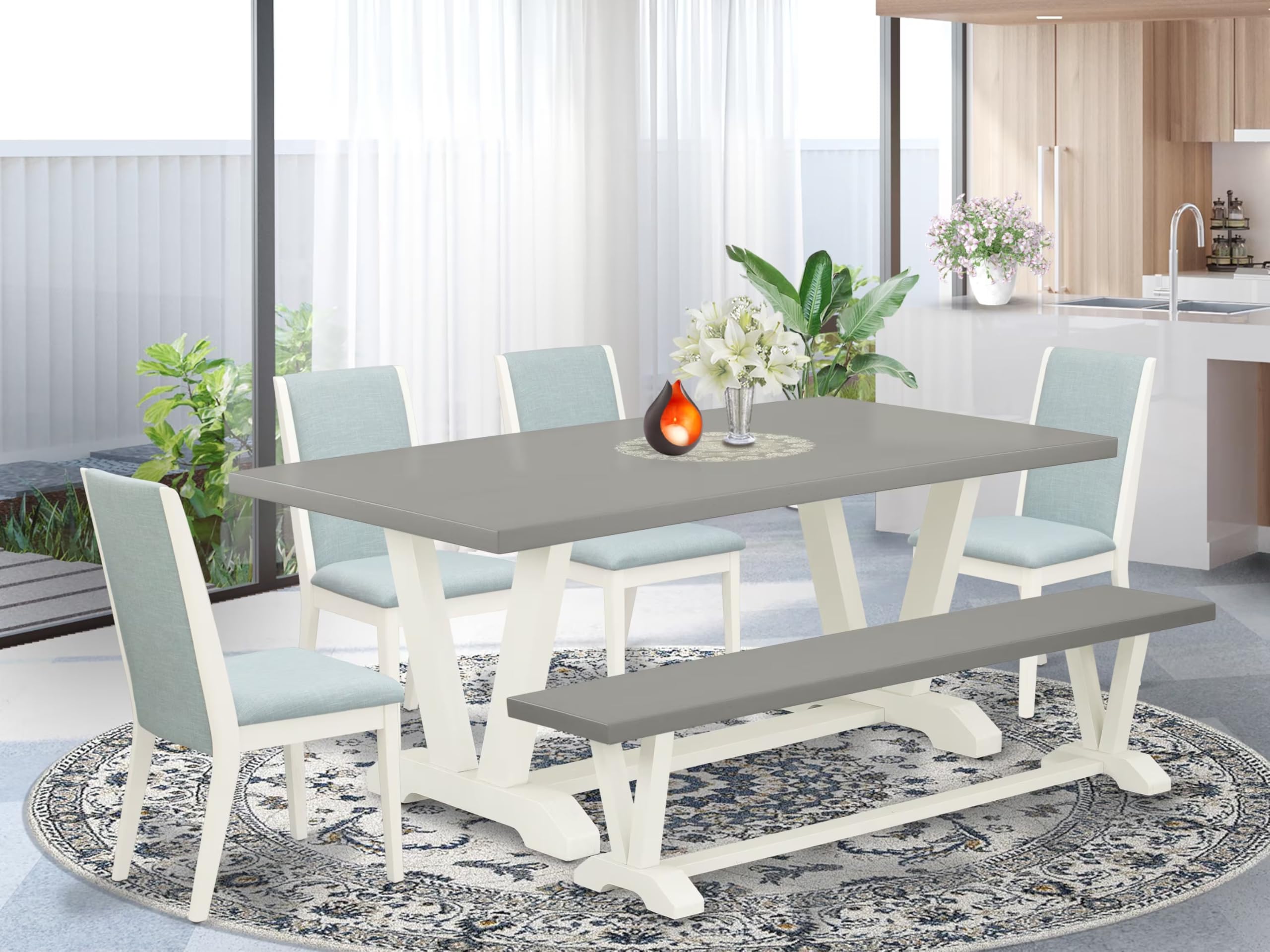 East West Furniture V-Style 6 Piece Set Contains A Rectangle Dining Room Table With V-Legs And 4 Baby Blue Linen Fabric Parson Chairs With A Bench, 40X72 Inch, Multi-Color