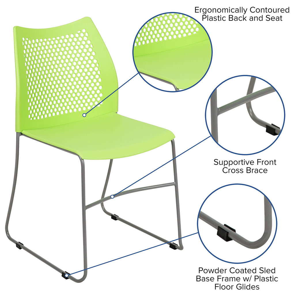 Flash Furniture Hercules Series 661 Lb. Capacity Green Stack Chair With Air-Vent Back And Gray Powder Coated Sled Base
