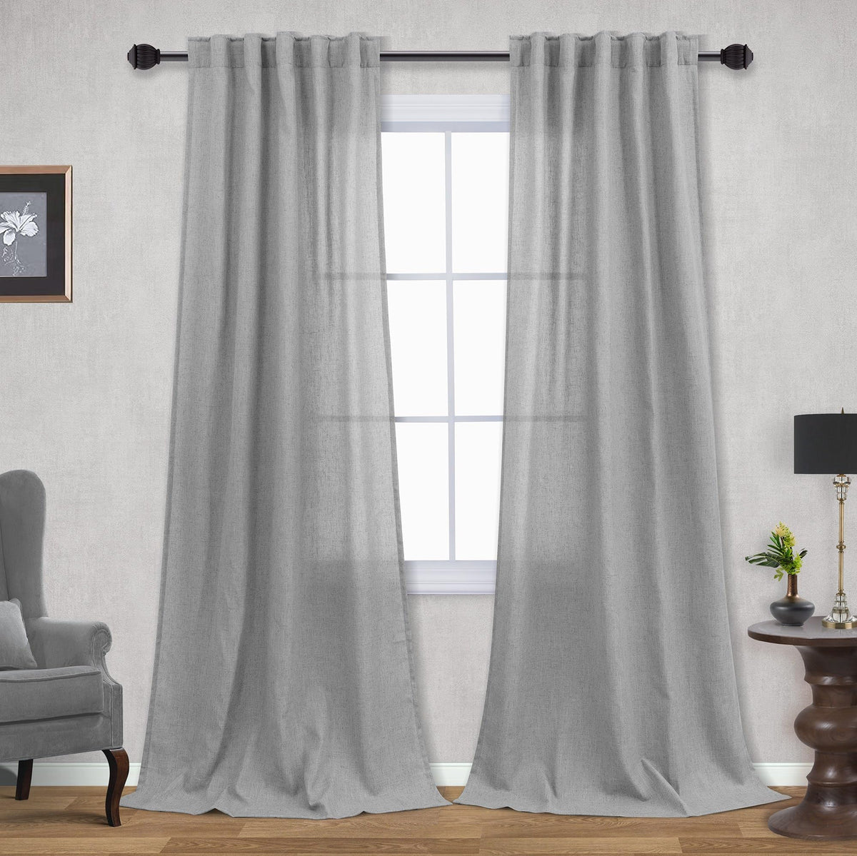 Mrs.Naturall Grey Back Tab Linen Blend Sheer Curtains 42X90 Inches Long