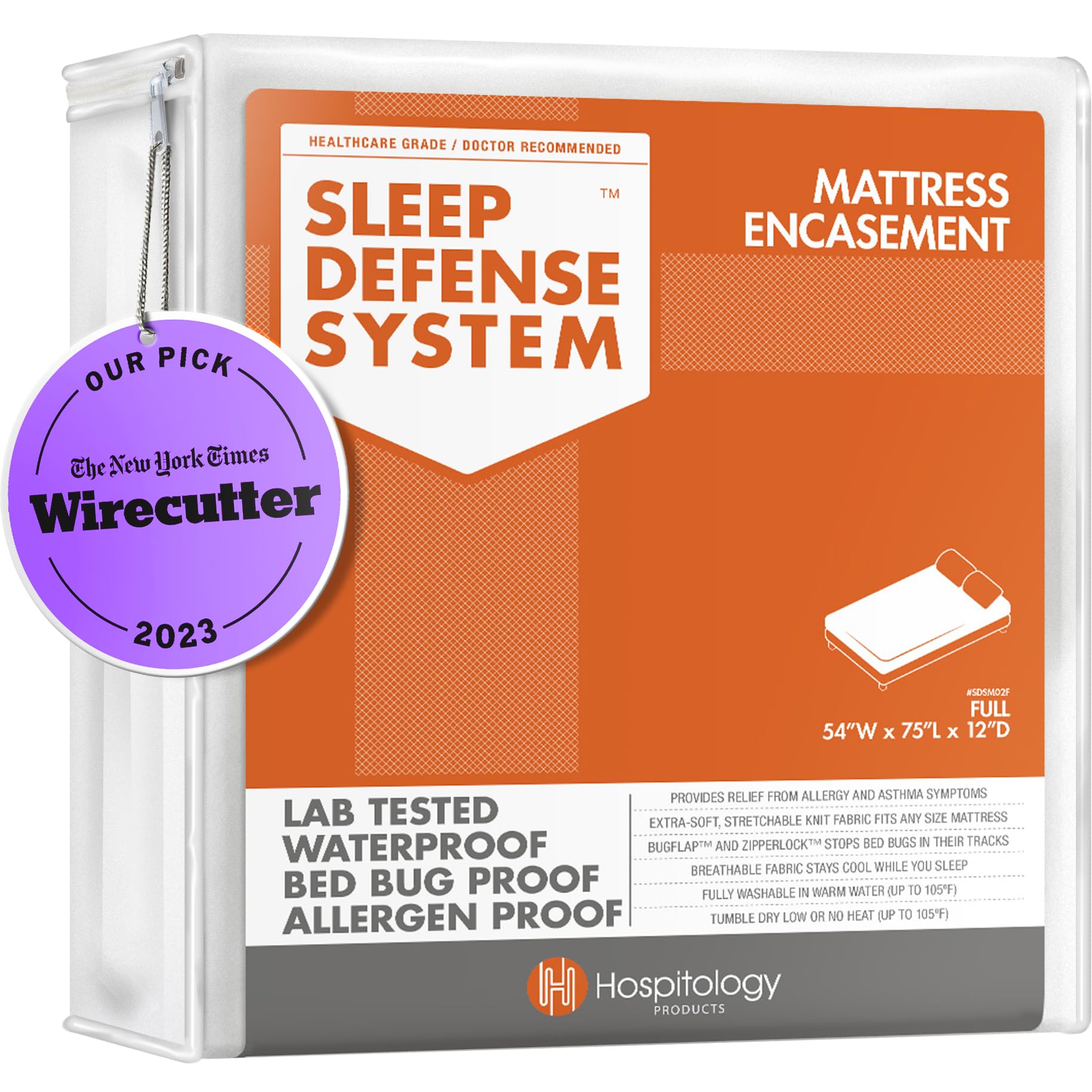 Hospitology Products Mattress Encasement - Zippered Bed Bug Dust Mite Proof Hypoallergenic - Sleep Defense System - Full/Double